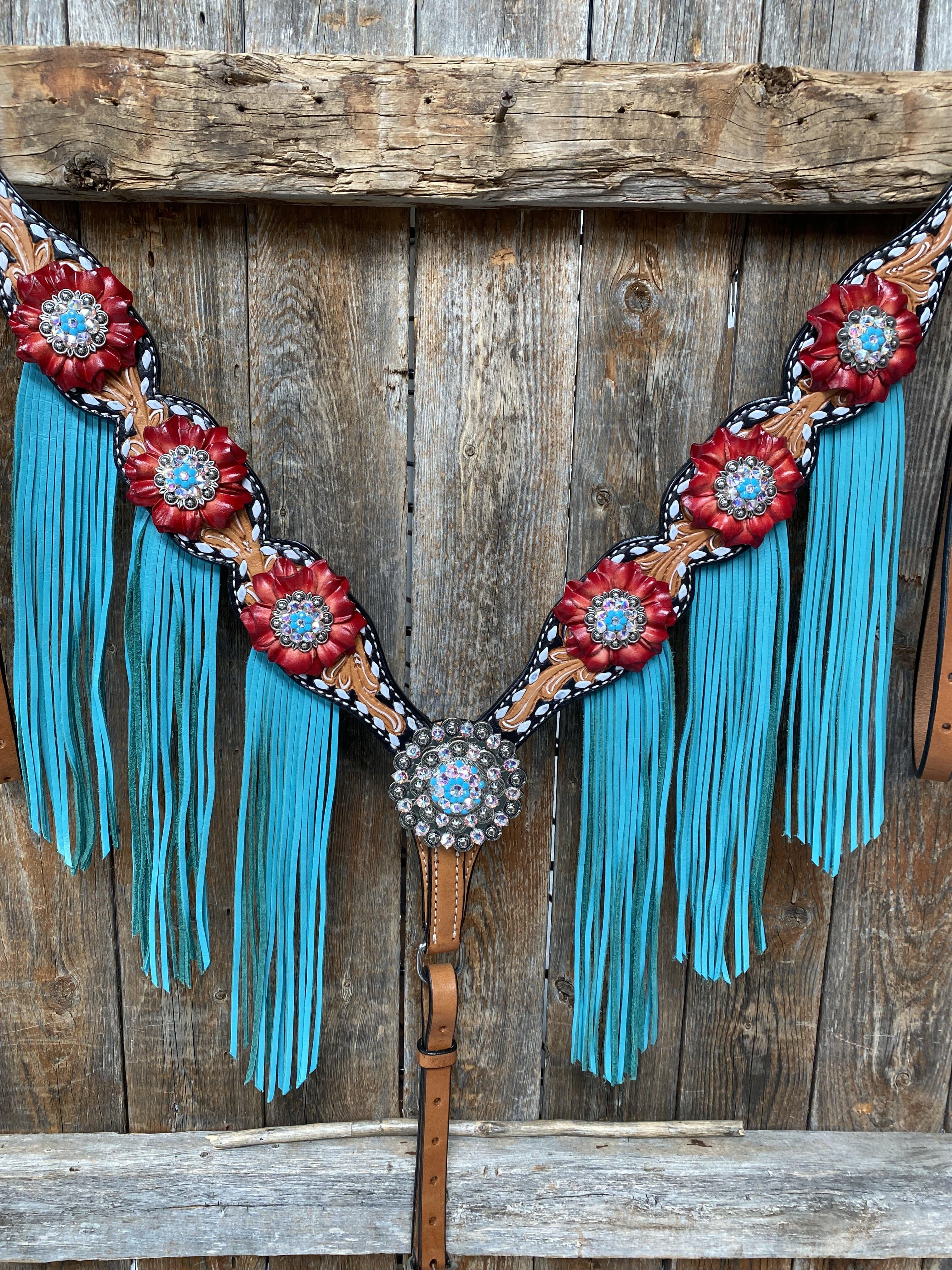 Buckstitch One Ear Headstall & Breastcollar Set with Red Floral Design - Western Horse Riding Equipment for Trail Riding & Rodeo Events #OEBC414