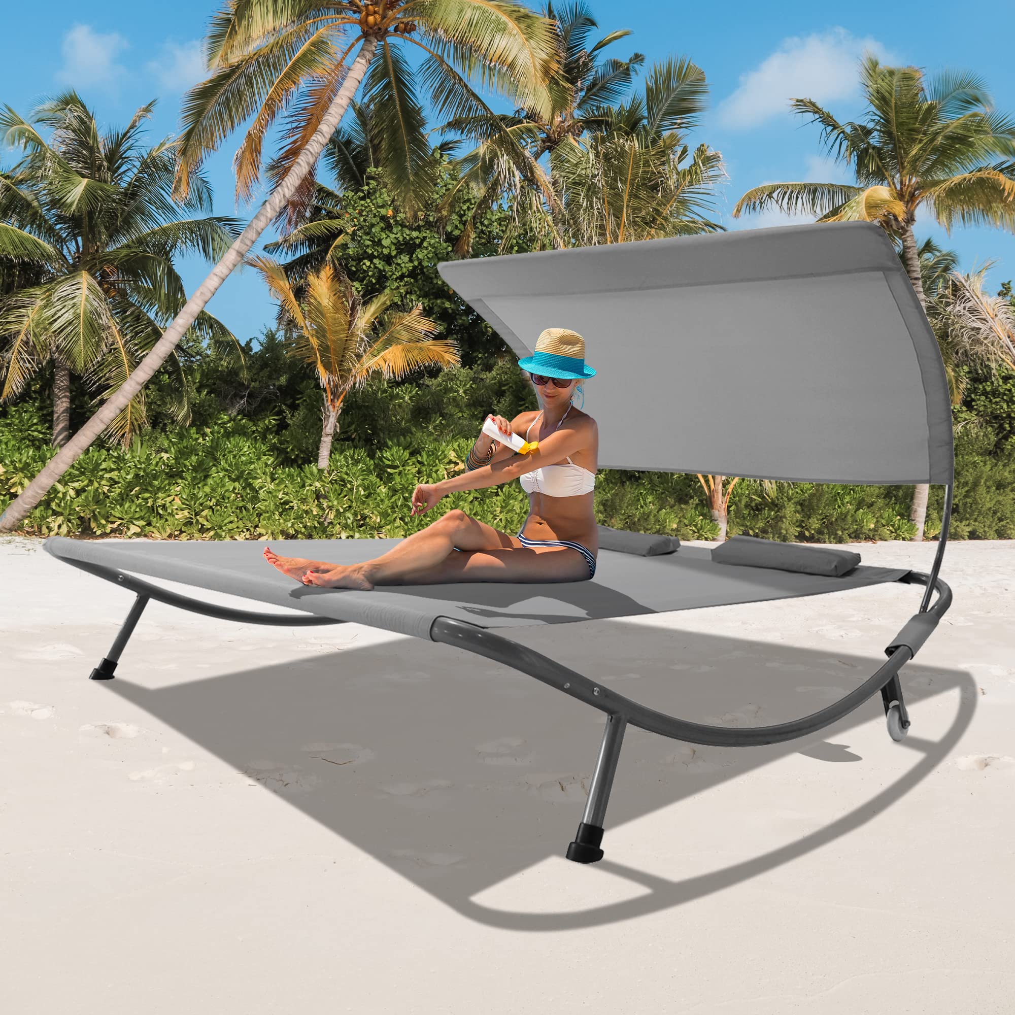 Raysfung Outdoor Double Chaise Lounge Bed with Canopy & Headrest Pillow - Portable Patio Daybed with Wheels for Deck, Backyard, Poolside, Sunroom & Indoor Use - Perfect for Relaxing, Sunbathing & Lounging (Grey)