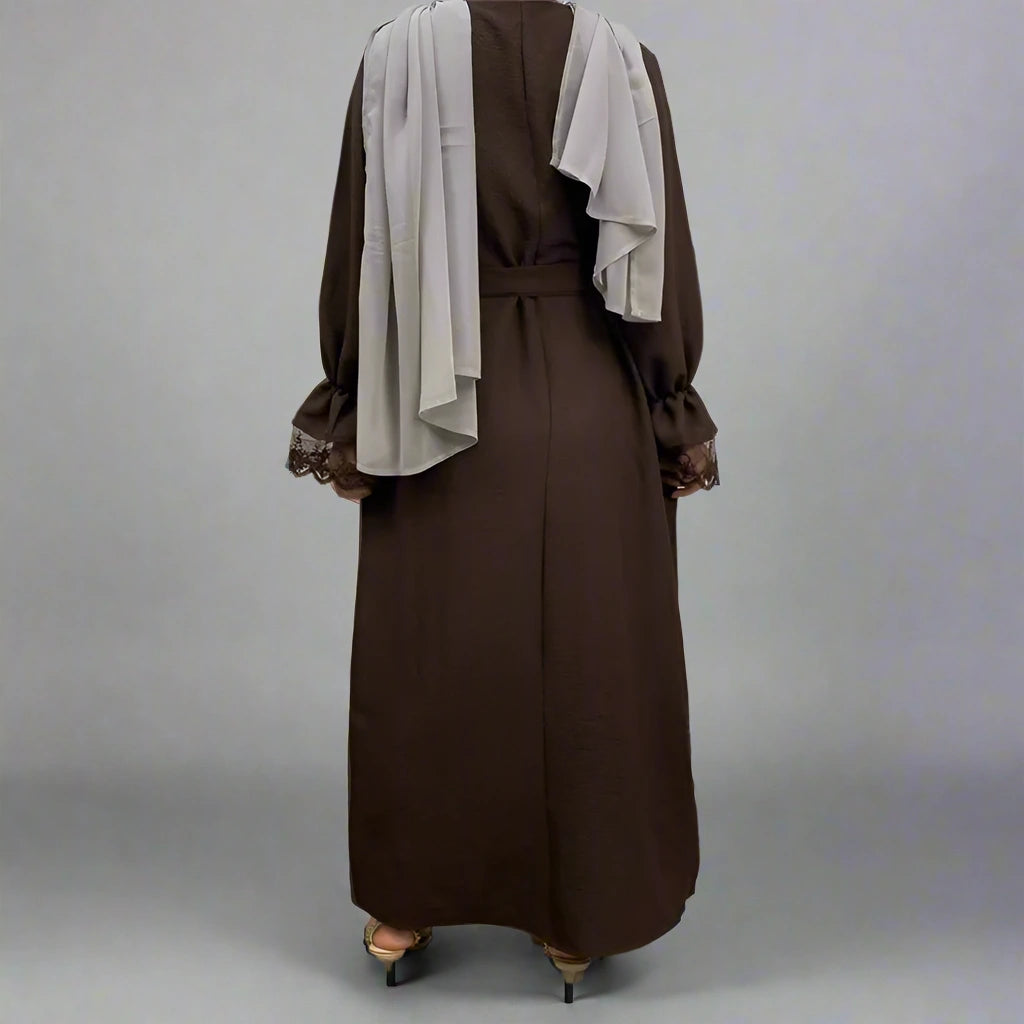 Elegant Lace Cuff Front Zipper Muslim Abaya Dress with Pockets - Modest Islamic Prayer Dress for Women | Perfect for Eid, Mosque & Special Occasions