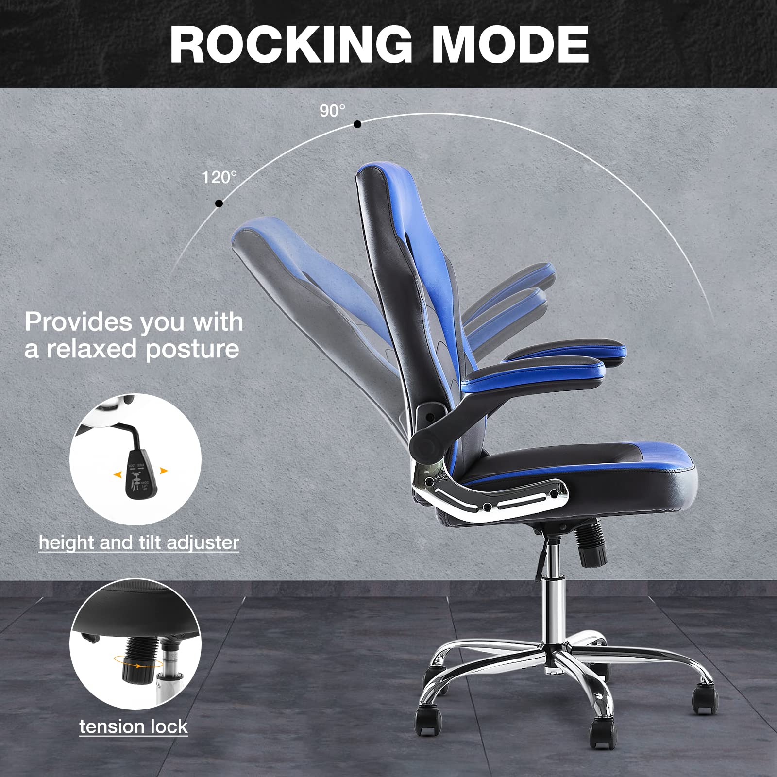 OLIXIS Ergonomic Gaming & Office Chair - Adjustable PU Leather Executive Swivel Desk Chair with Flip-Up Armrests, Lumbar Support - Perfect for Home Office, Gaming Setup, Study & Work (Grey-Blue, Model A-95blue)