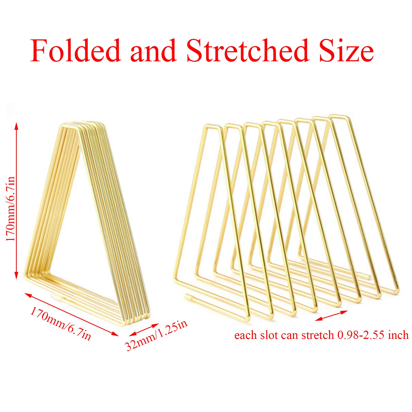 Adjustable Metal Wire Book Holder Stand - 7 Slot Desktop Organizer for Books, Files, Magazines | Triangle Display Rack for Home & Office Decoration | Perfect for Reading, Studying and Workspace Organization (Gold)