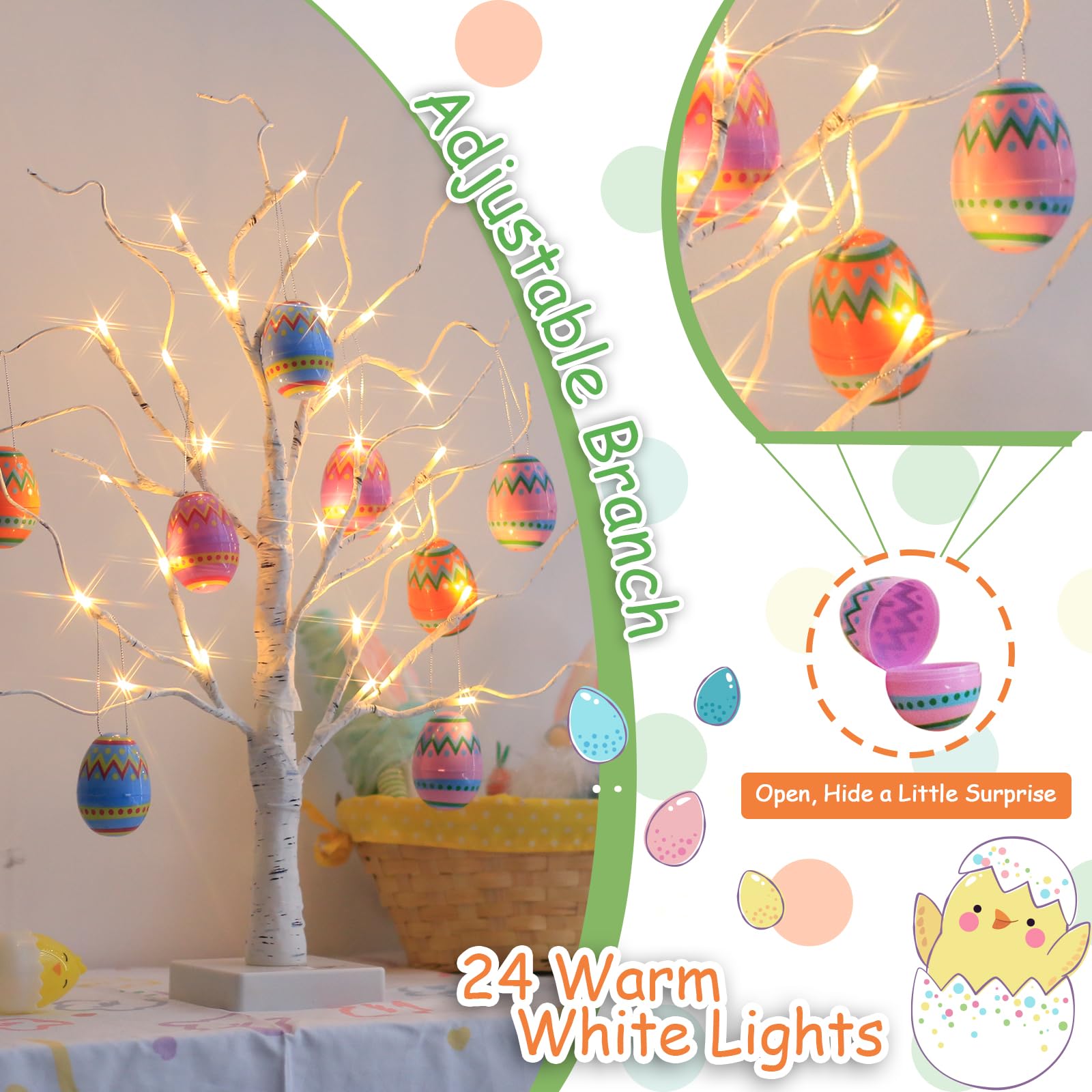 2FT 24LT Battery Powered Easter Egg Tree with Timer - Pre-lit White Birch Easter Decorations for Home, Party & Spring - Indoor/Outdoor Holiday Decor for Easter Celebrations, Garden & Living Room
