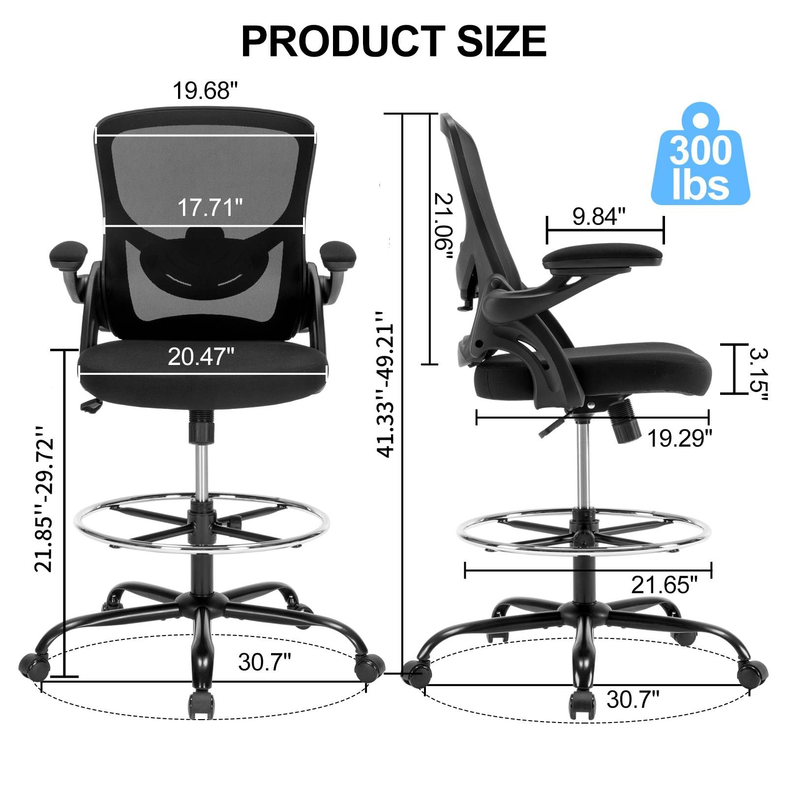 Ergonomic Drafting Chair with Flip-Up Armrests & Adjustable Lumbar Support - Tall Office Chair for Standing Desks, Counter Height with Footrest - Black - Perfect for Architects, Artists & Home Office Workspaces