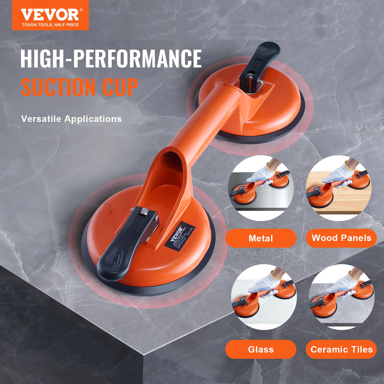 VEVOR NBR Glass Vacuum Lifter - 119mm Diameter, 85-150kg Load Capacity, -20°C to 60°C Operating Temperature - Heavy Duty Suction Cup for Glass, Marble, Tile Installation & Window Replacement
