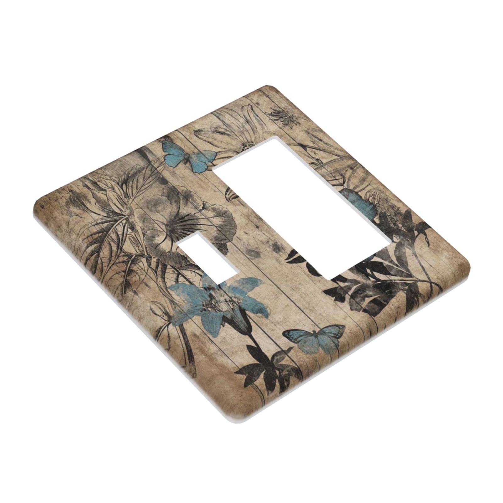 Blue Wood Floral 2-Gang Combination Light Switch Cover - Decorative Plastic Wall Plate & Outlet Cover for Electrical Decor - Perfect for Kids Bedroom, Bathroom & Home Interior Design