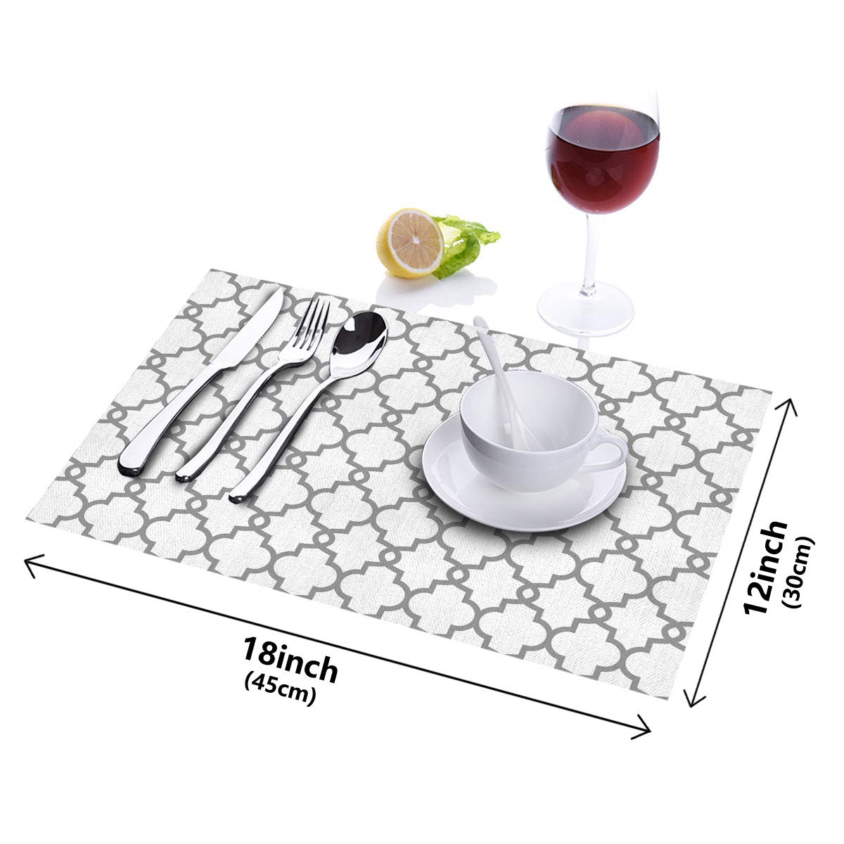 4-Pack Heat-Resistant Moroccan Linen Placemats for Dining Table - 12x18 Inch Traditional Quatrefoil Lattice Pattern in Grey & White - Perfect for Home Decor, Dinner Parties & Holiday Tablescapes