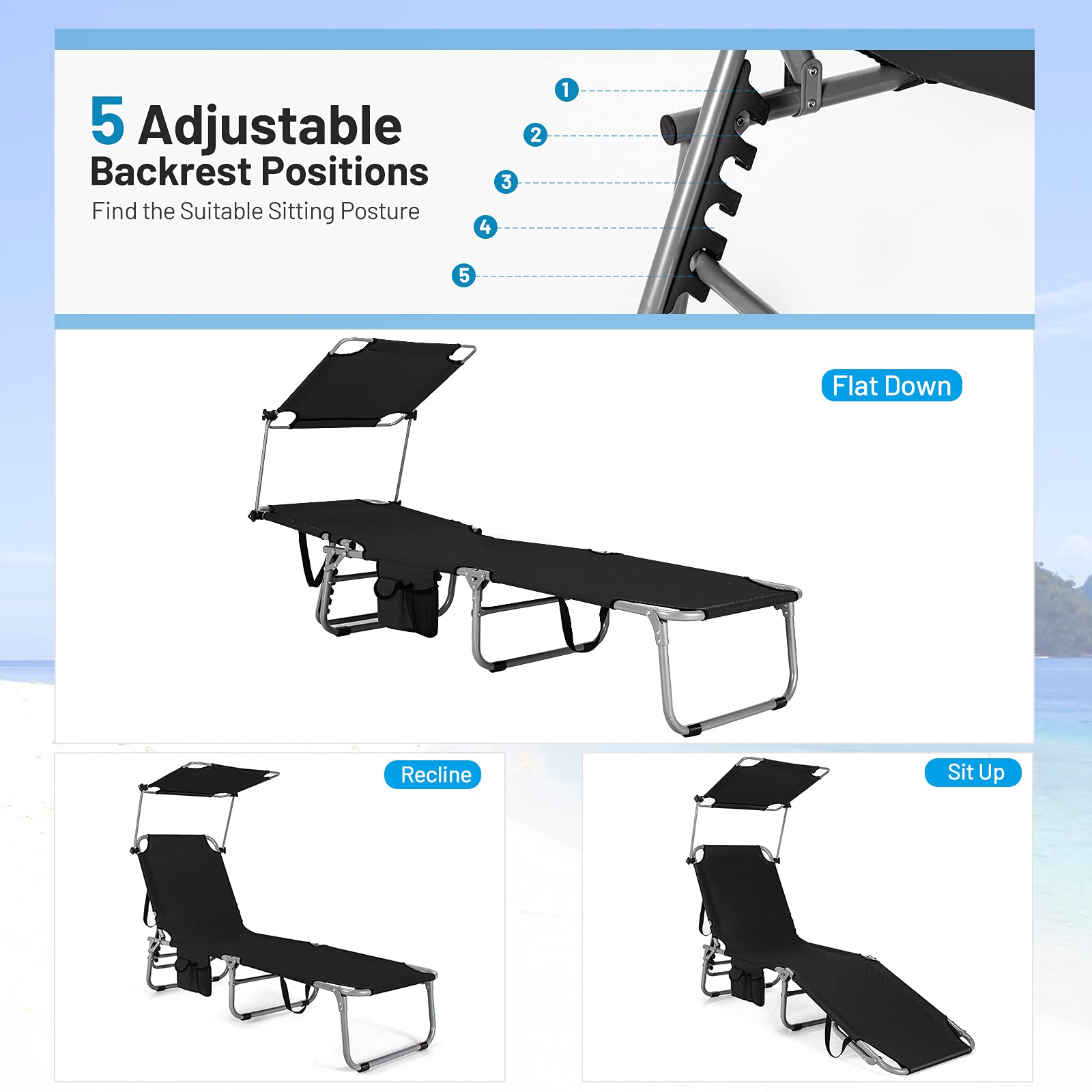**Giantex Outdoor Folding Chaise Lounge Chair - 5 Adjustable Positions, 360° Canopy Shade & Side Storage Pocket - Portable Tanning Chair for Beach, Pool, Patio, Lawn & Backyard Relaxation (Black, 2-Pack)**    *(Perfect for Sunbathing, Lounging by the Pool, or Relaxing in Your Backyard!)*