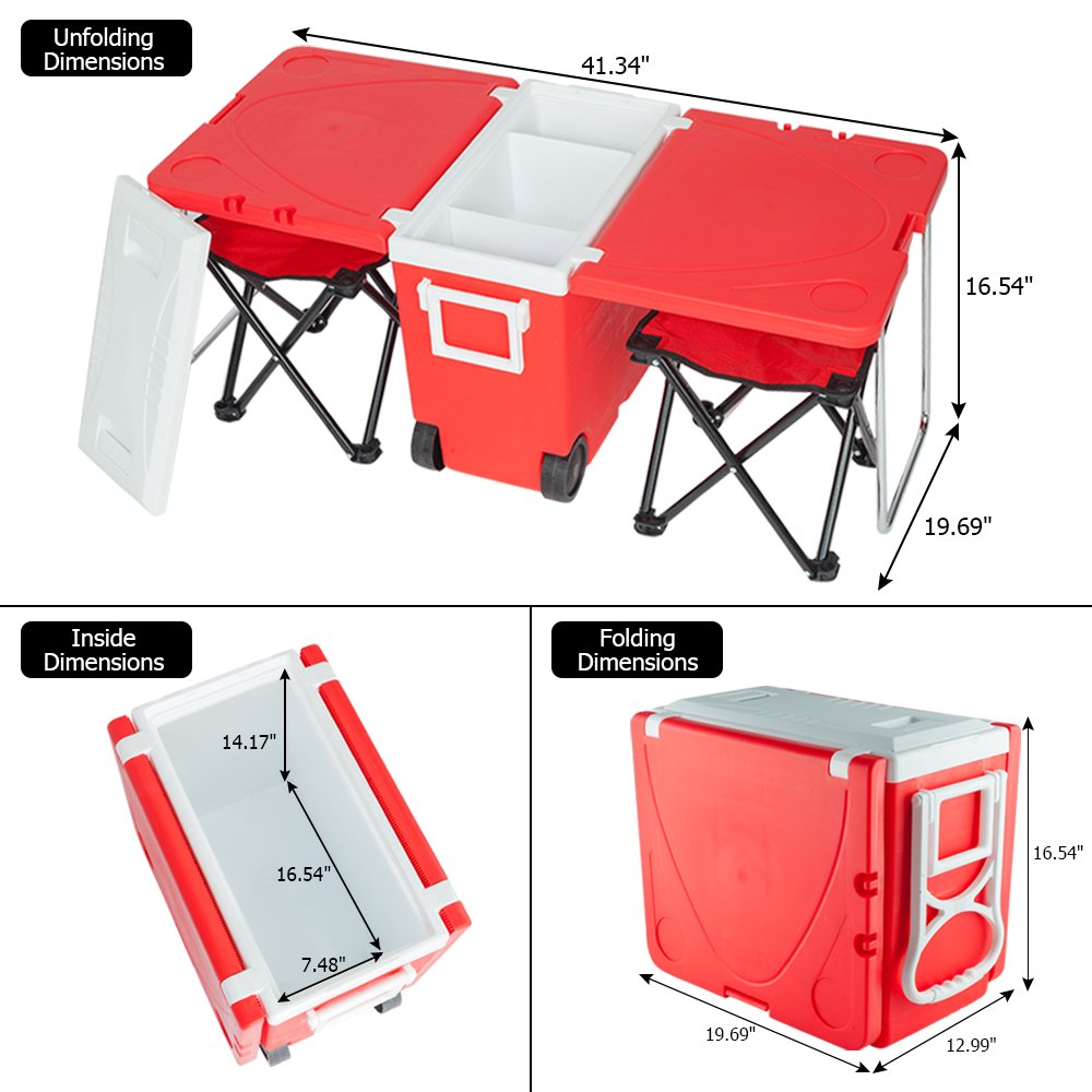 Portable Insulated Rolling Cooler & Picnic Table with 2 Foldable Fishing Chairs - Outdoor Camping, Beach, BBQ & Tailgating Essentials for Cold Drinks & Food Storage