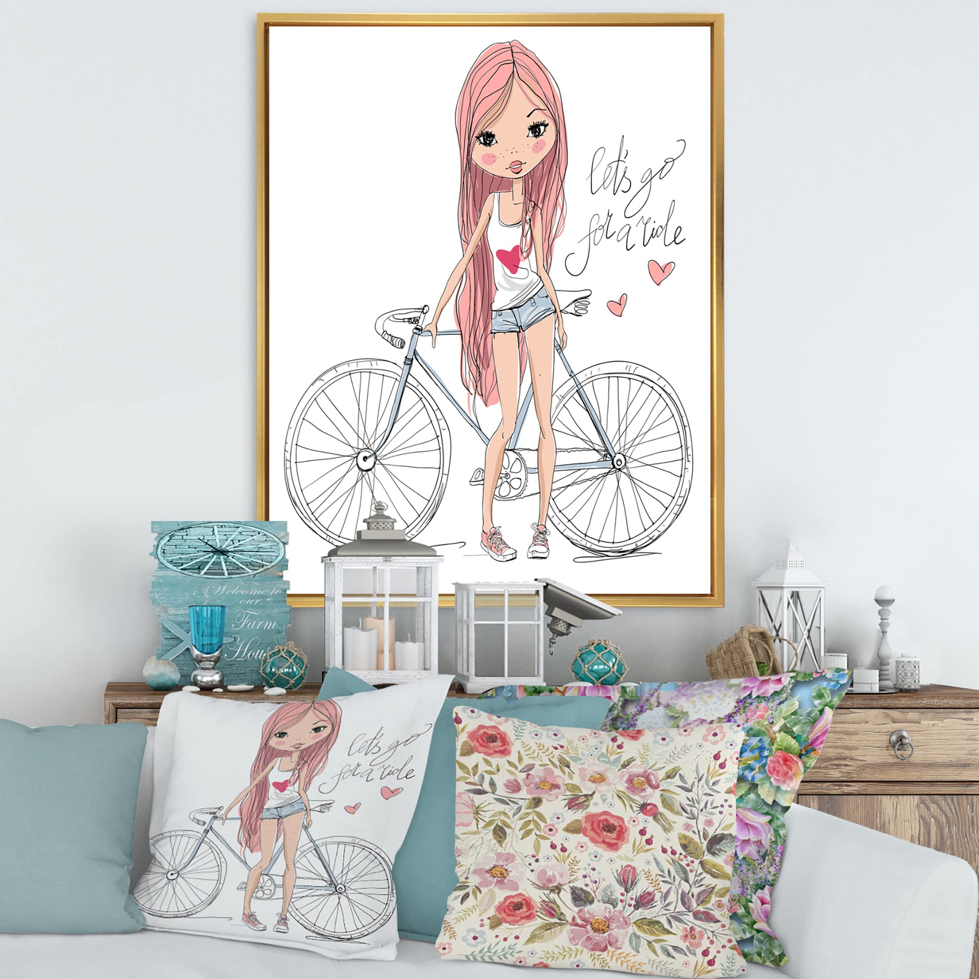 DesignQ Young Girl Riding Bicycle - Framed Canvas Wall Art Print for Kids Room Decor | Nursery, Bedroom & Playroom Wall Decor