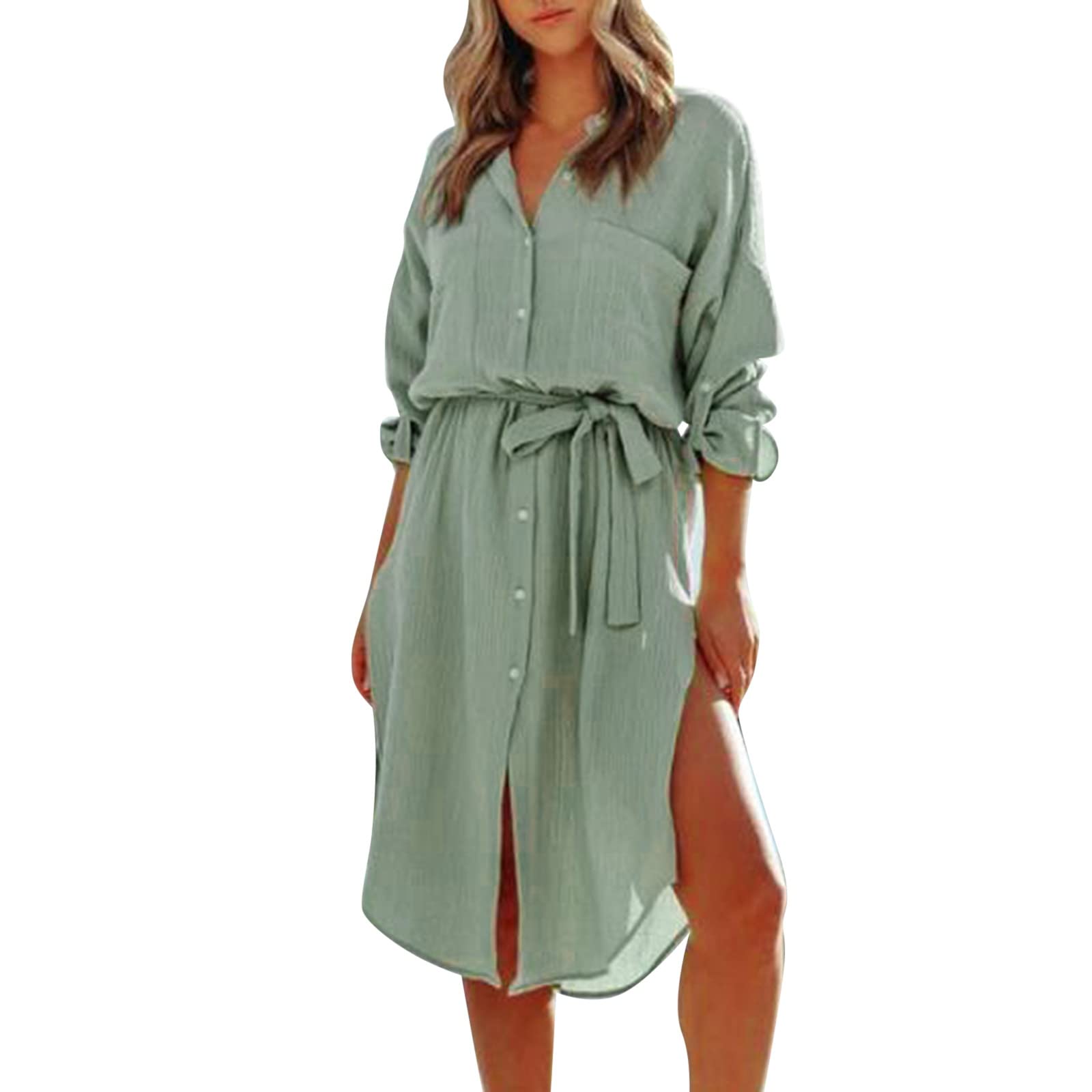 AMTF 2022 Women's Oversized T-Shirt Dress - Loose Maxi Dress with Long Sleeves, Split Irregular Hem & Tie-Up High Waist | Casual Wear, Street Style, Summer Outfit, Beach Cover-Up