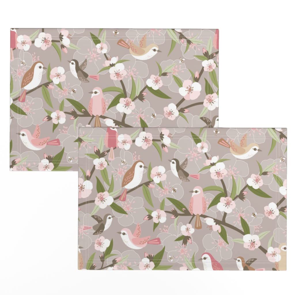 Spoonflower Linen Cotton Canvas Placemats Set of 2 - Blossom Birds Floral Garden Bees Japanese Wedding Print Table Mats for Dining, Kitchen Decor, Party & Home Decoration