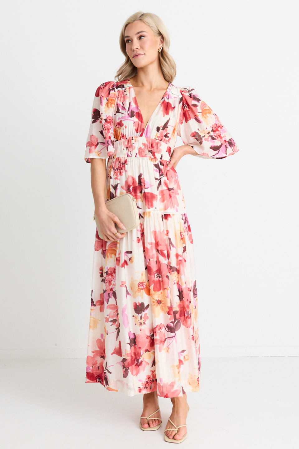 Vintage Floral Flutter Sleeve Tiered Maxi Dress in Blush - Elegant Boho Summer Dress for Beach Wedding, Garden Party & Vacation Outfits