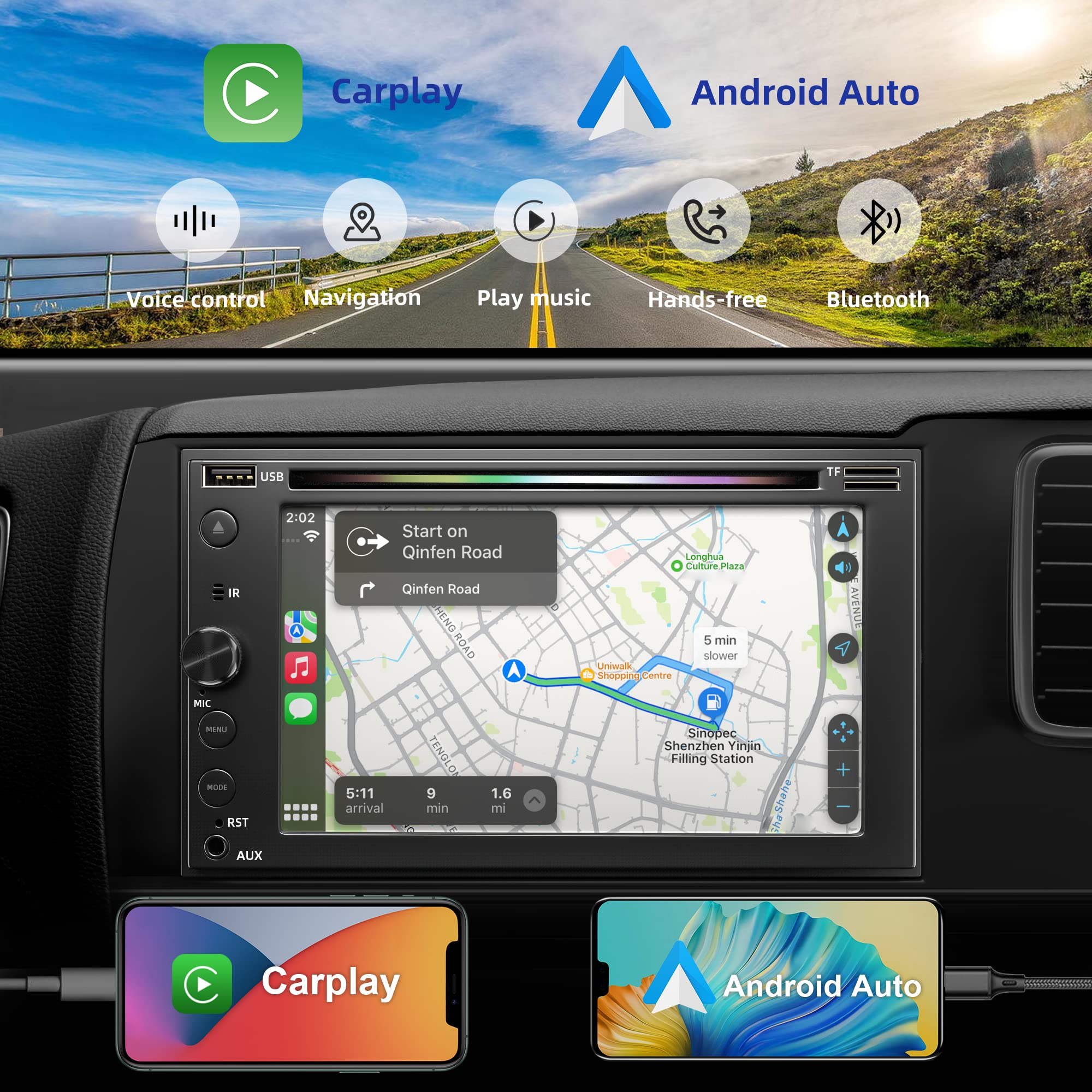 7-inch Double Din Car Stereo with CD/DVD Player | Apple CarPlay & Android Auto | Bluetooth 5.2 | Backup Camera | Mirror Link | SWC | AM/FM Radio | Perfect for Road Trips & Daily Commuting