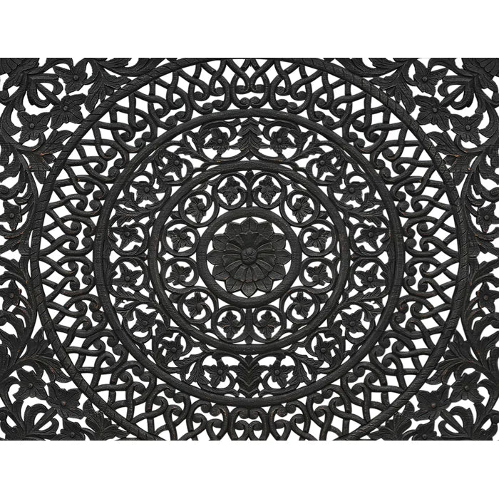Hand Carved Solid Wood Low Profile Standard Bed Frame - Black | Modern Minimalist Bedroom Furniture for Small Spaces & Cozy Home Decor