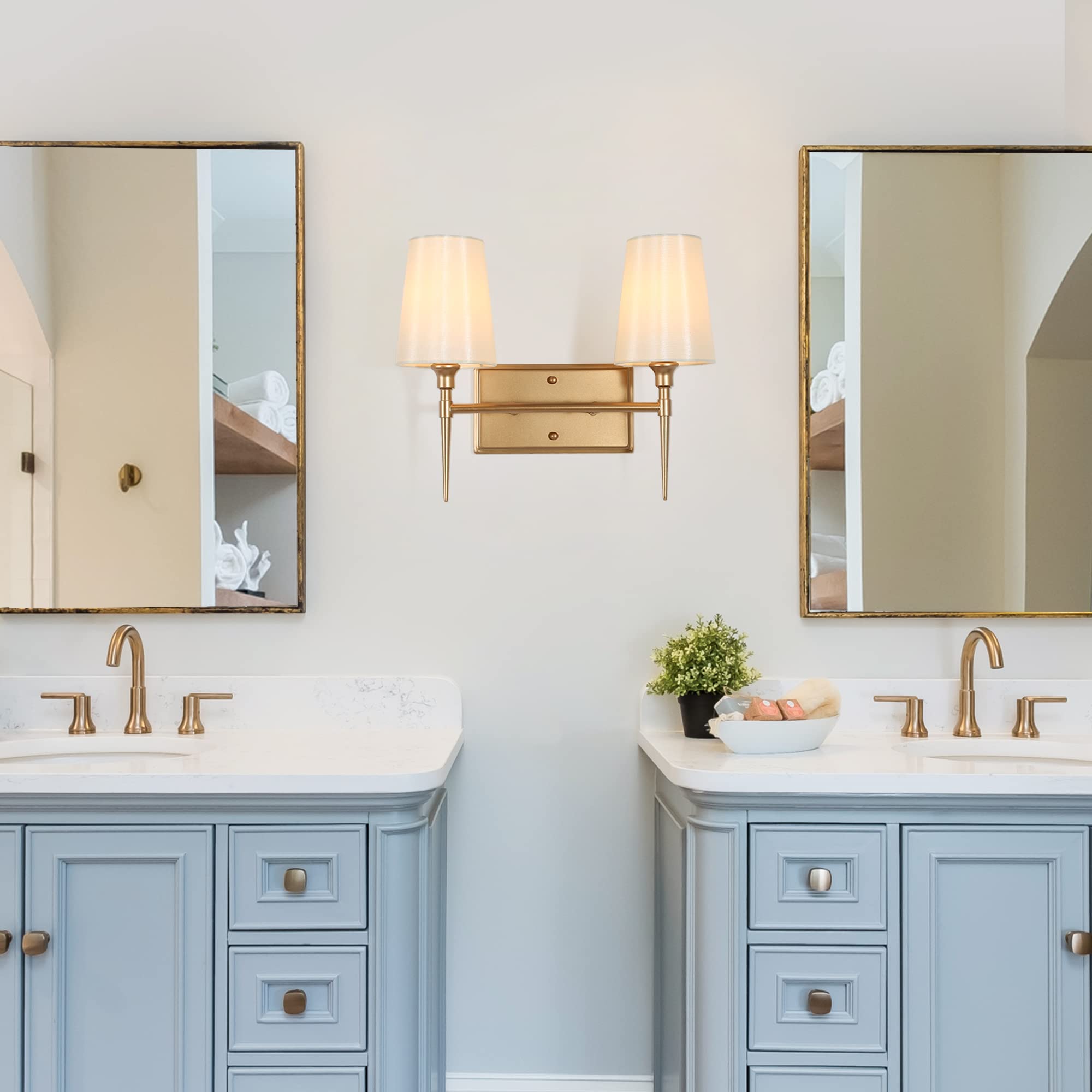 Classy Leaves 2-Light Gold Bathroom Vanity Light Fixture - Mid Century Modern Mirror Lighting with Elegant White Fabric Shade (15’’L x 6.5’’W x 12’’H) - Perfect for Bathroom, Powder Room & Dressing Area Makeup Lighting