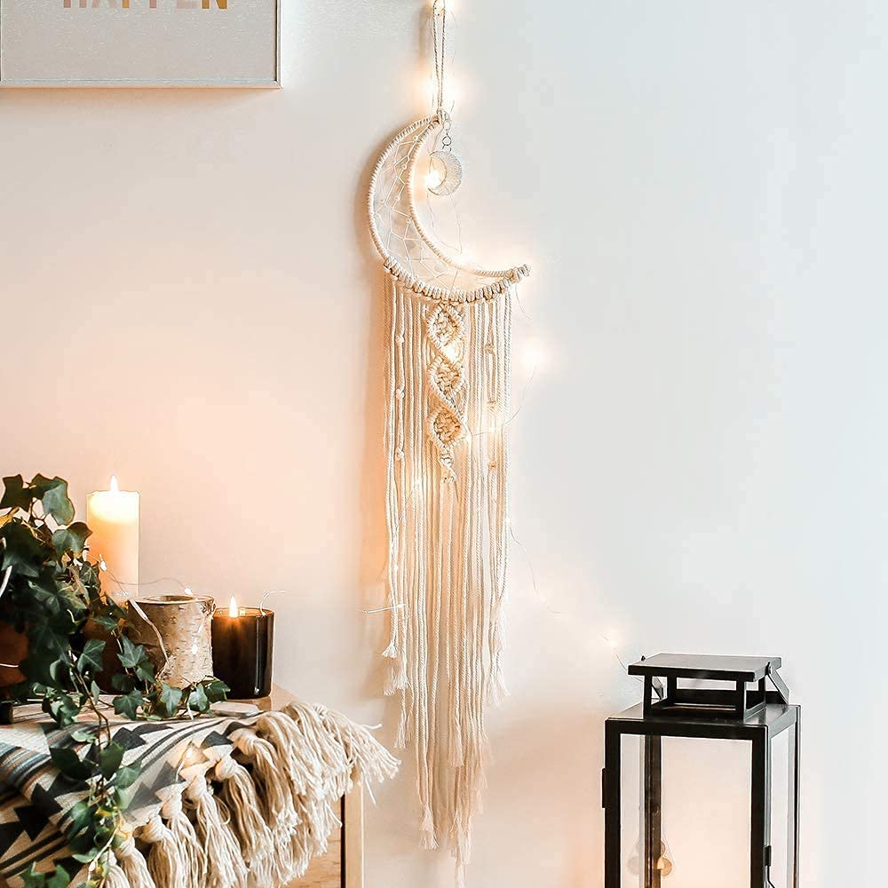 Handmade Beige Macrame Moon Dream Catcher - Boho Wall Hanging Decor for Bedroom, Teen Girls Room & Ceiling - Perfect Bohemian Home Decor Gift for Women & Girls (Use in Nursery, Dorm, Living Room or Meditation Space)