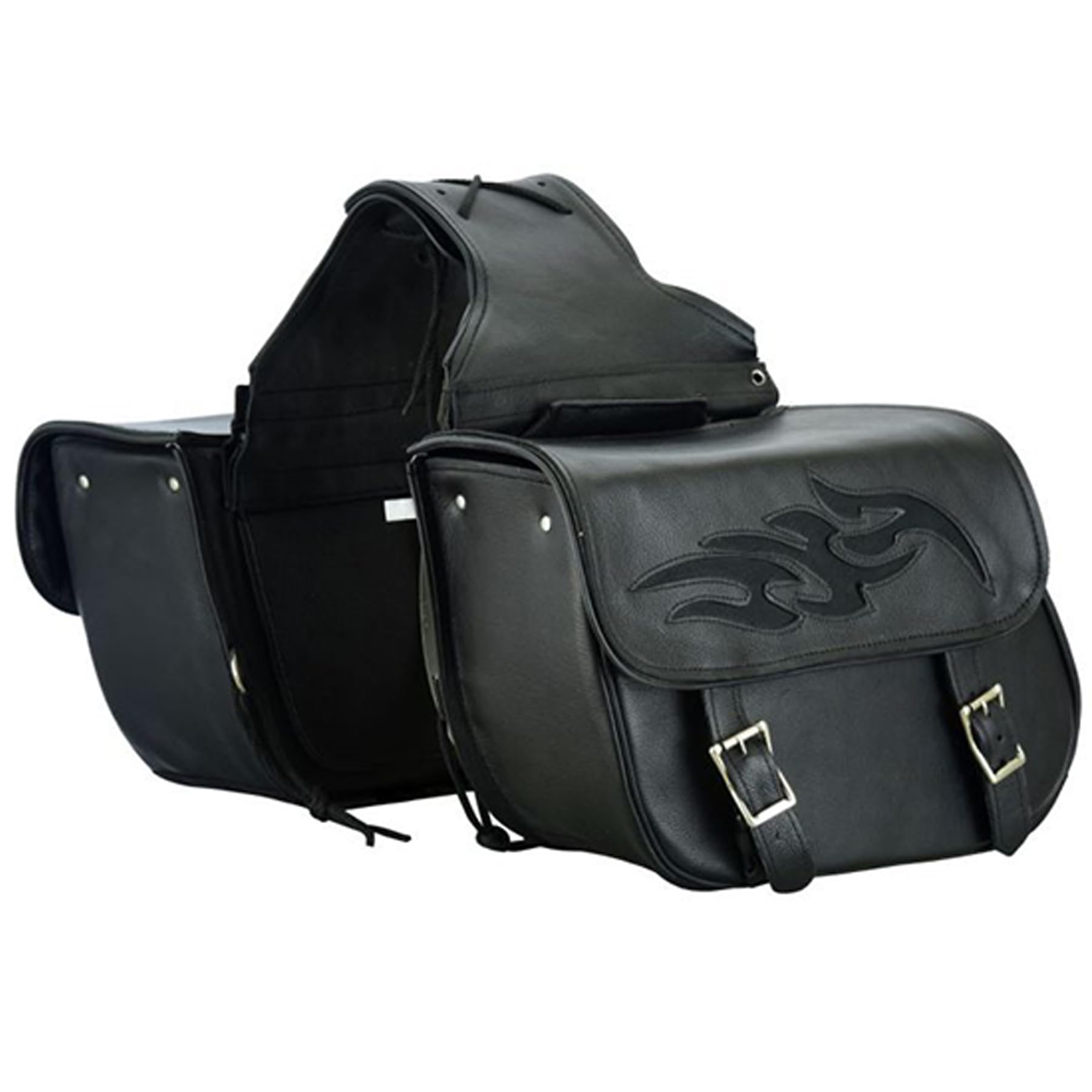 Premium Naked Cowhide Leather Motorcycle Saddle Bags - Universal Throw Over Side Bags for Honda Shadow, Sportster, Softail, Dyna & V-Star Cruisers (Black, Stud-Free) - Ideal for Road Trips, Commuting & Storage