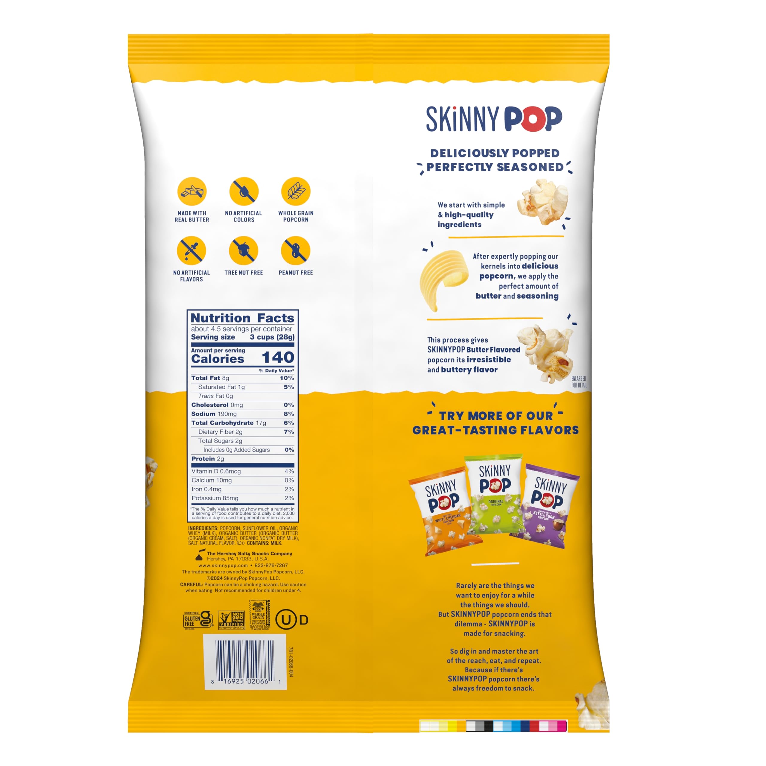 SkinnyPop Butter Popcorn - Gluten Free, Non-GMO, Healthy Snack, 4.4oz Bag - Perfect for Movie Nights, Office Snacks & On-the-Go Munching