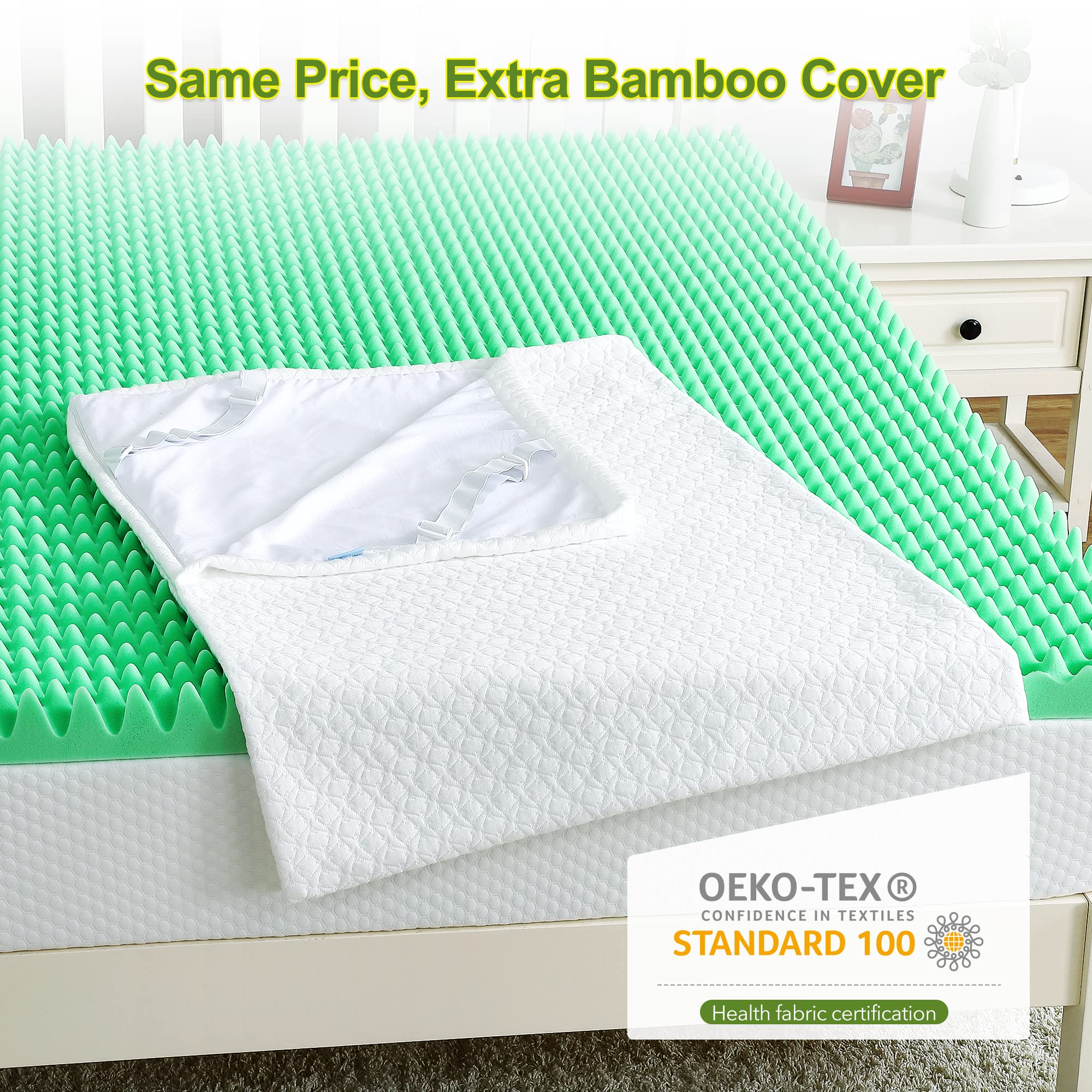 Homhougo 3 Inch Queen Size Green Tea Memory Foam Mattress Topper with Zippered Bamboo Cover - Cloud-Like Soft Support for Back Pain Relief & Pressure Relief - Perfect for Guest Beds, Dorm Rooms & Home Comfort Upgrade