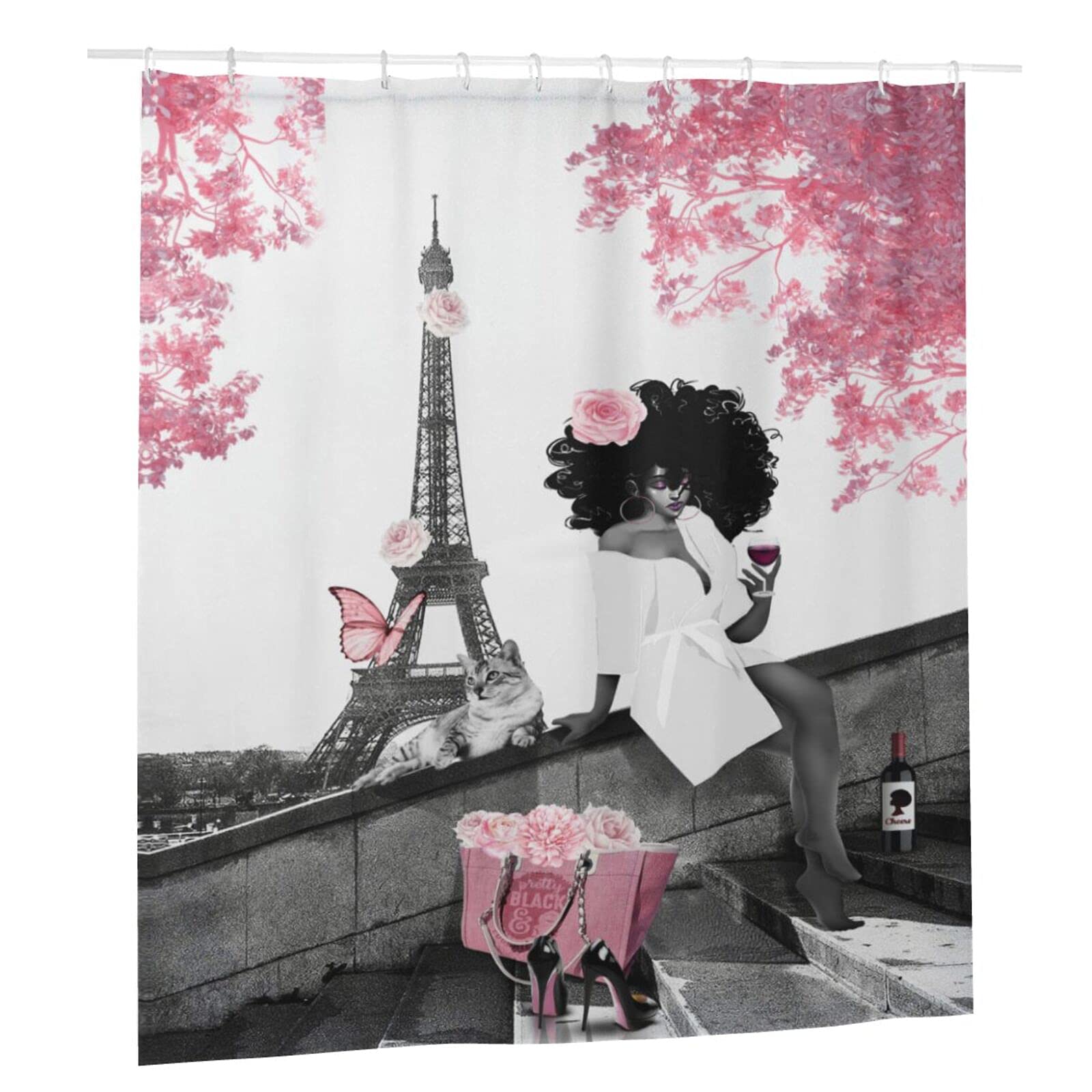 African American Shower Curtain - Stylish Black Woman & Eiffel Tower Design, Grey & Pink Waterproof Polyester Fabric Bath Curtain with Hooks, 66x72 Inches - Perfect for Modern Bathroom Decor & African American Home Aesthetics