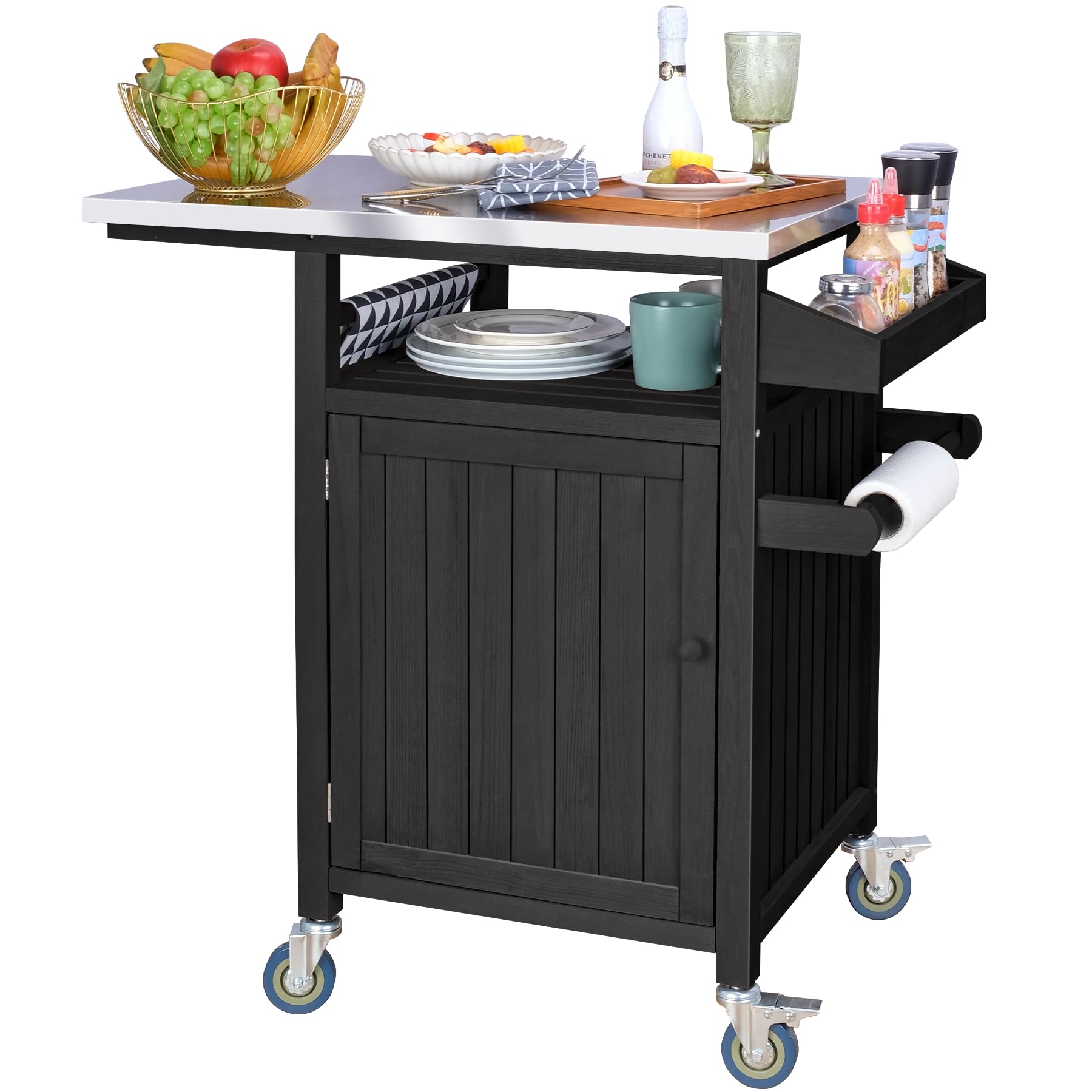 Portable Solid Wood Outdoor Grill Cart with Stainless Steel Top & Spice Rack - Movable BBQ Cooking Table with Storage for Patio, Garden, Backyard & Camping - Perfect for Grilling, Entertaining & Outdoor Dining