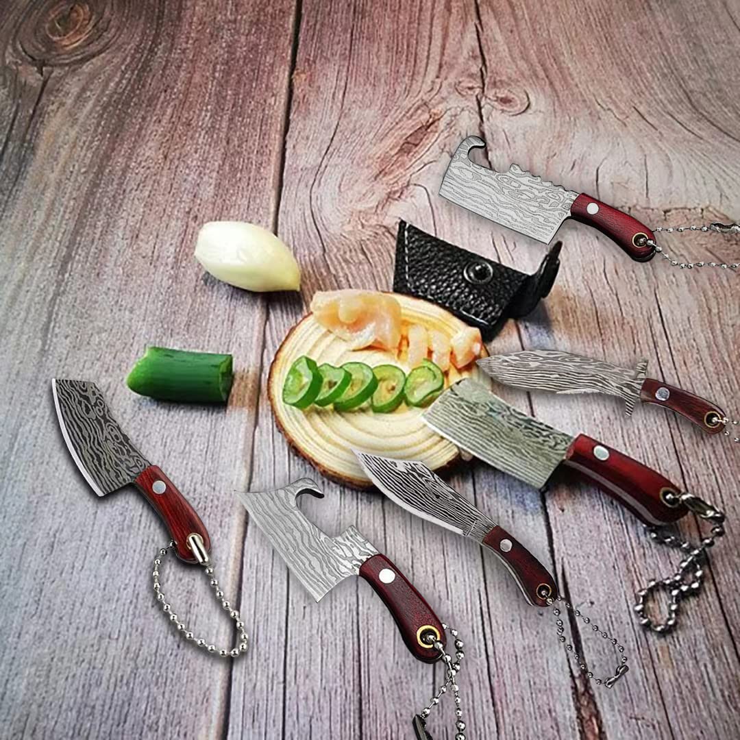 Premium Damascus Steel Pocket Knife Set - 7-Piece Mini Chef Knife with Sheath, EDC Knives, Box Cutter, Bottle Opener & Sharpener | Perfect for Camping, Hiking, Survival & Everyday Carry
