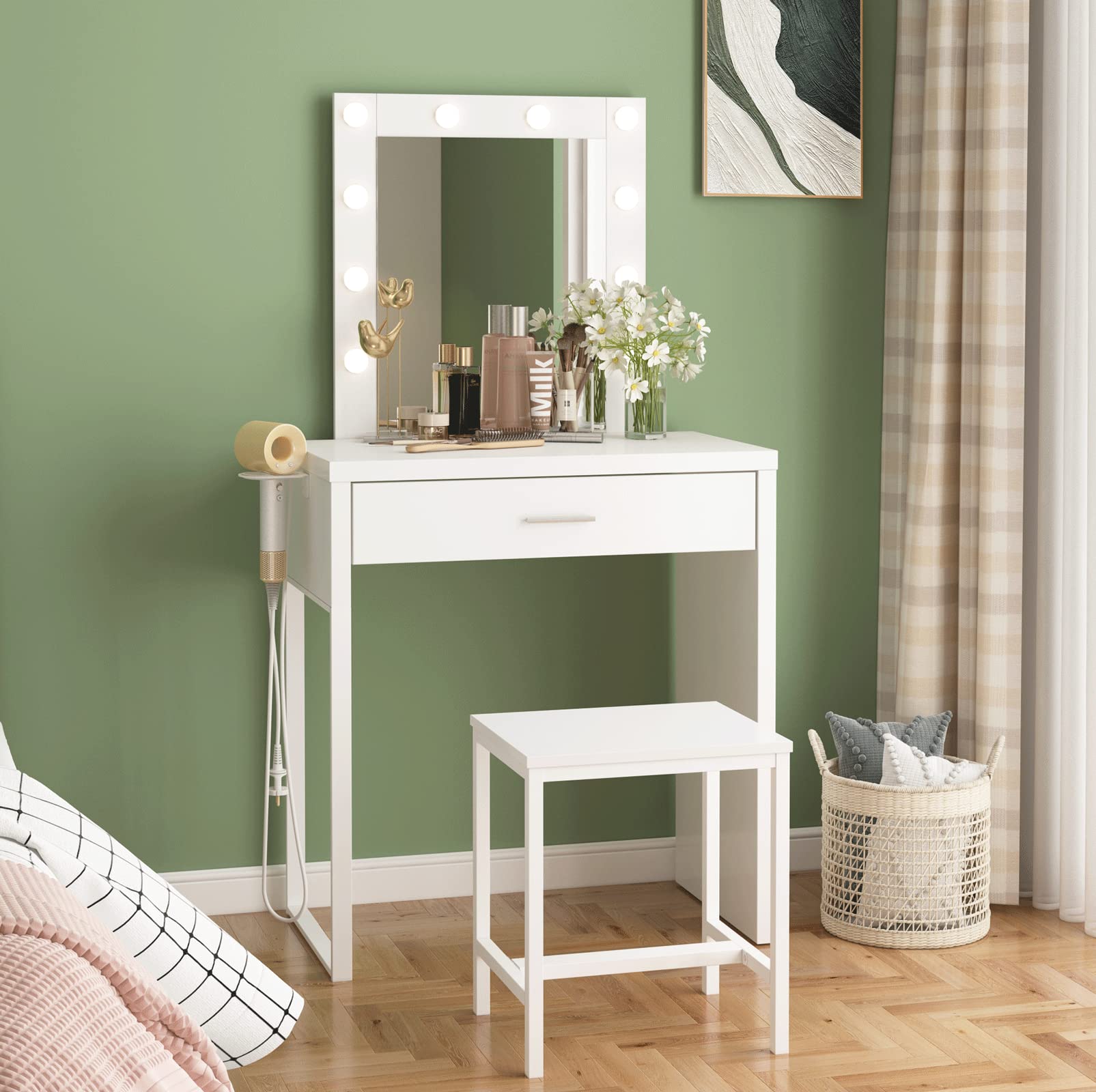 White Makeup Vanity Desk with Mirror & 10 LED Lights - Small Vanity Table & Chair Set for Bedroom, 27.6 Inch Dressing Table for Makeup, Skincare & Hair Styling - Perfect for Home, Apartment & Beauty Salon Use