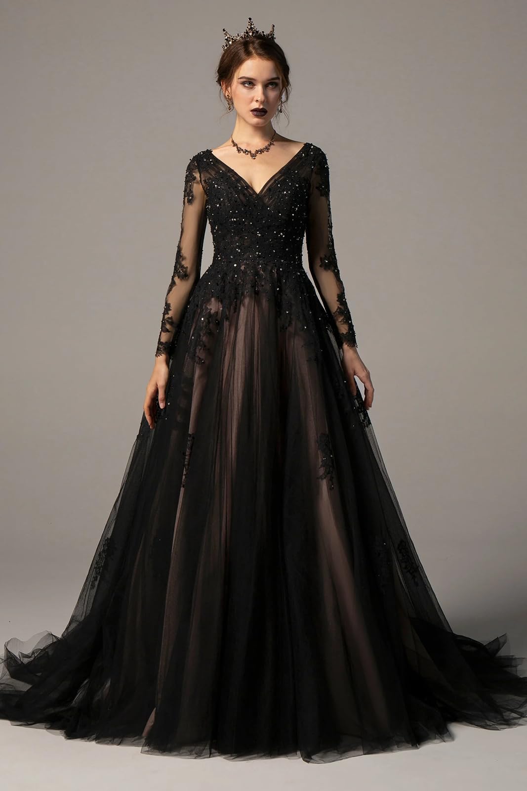 Elegant Black Long Sleeve Lace Wedding Dress for Women - Backless Bridal Gown with Appliques | Perfect for Gothic, Alternative, and Vintage Wedding Ceremonies