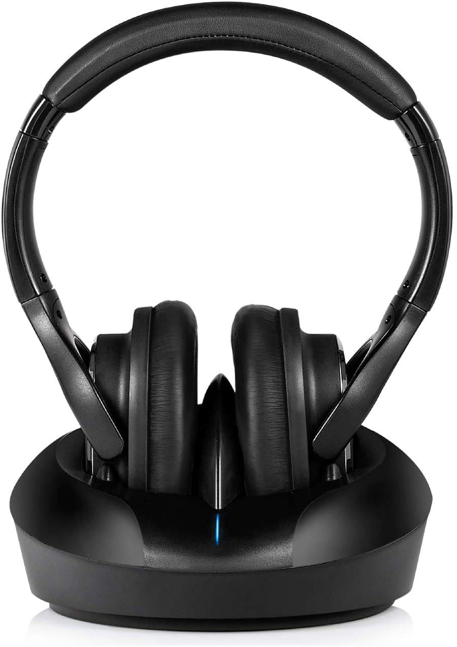 ZANCHIE Wireless Over-Ear Headphones for TV with RF Transmitter & Charging Dock - No Audio Delay, 330ft Range, Digital Optical/RCA/AUX Support - Ideal for Seniors & Home Theater (Black)
