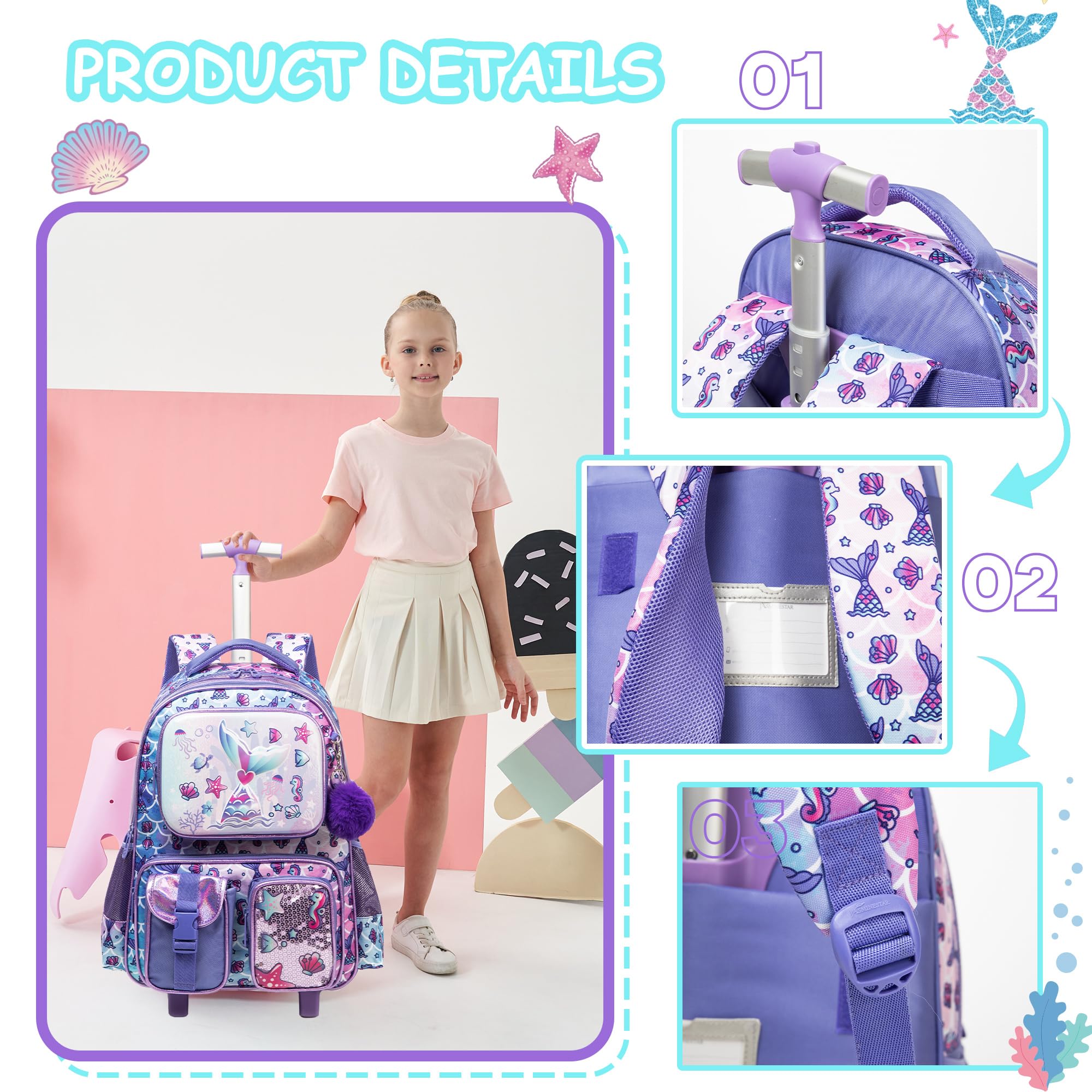 Meetbelify Mermaid Rolling Backpack for Girls - 3-in-1 Wheeled School Backpack with Lunch Box, Kids Travel Luggage Suitcase for Elementary Students Ages 8-10 | Perfect for School, Travel & Daily Use