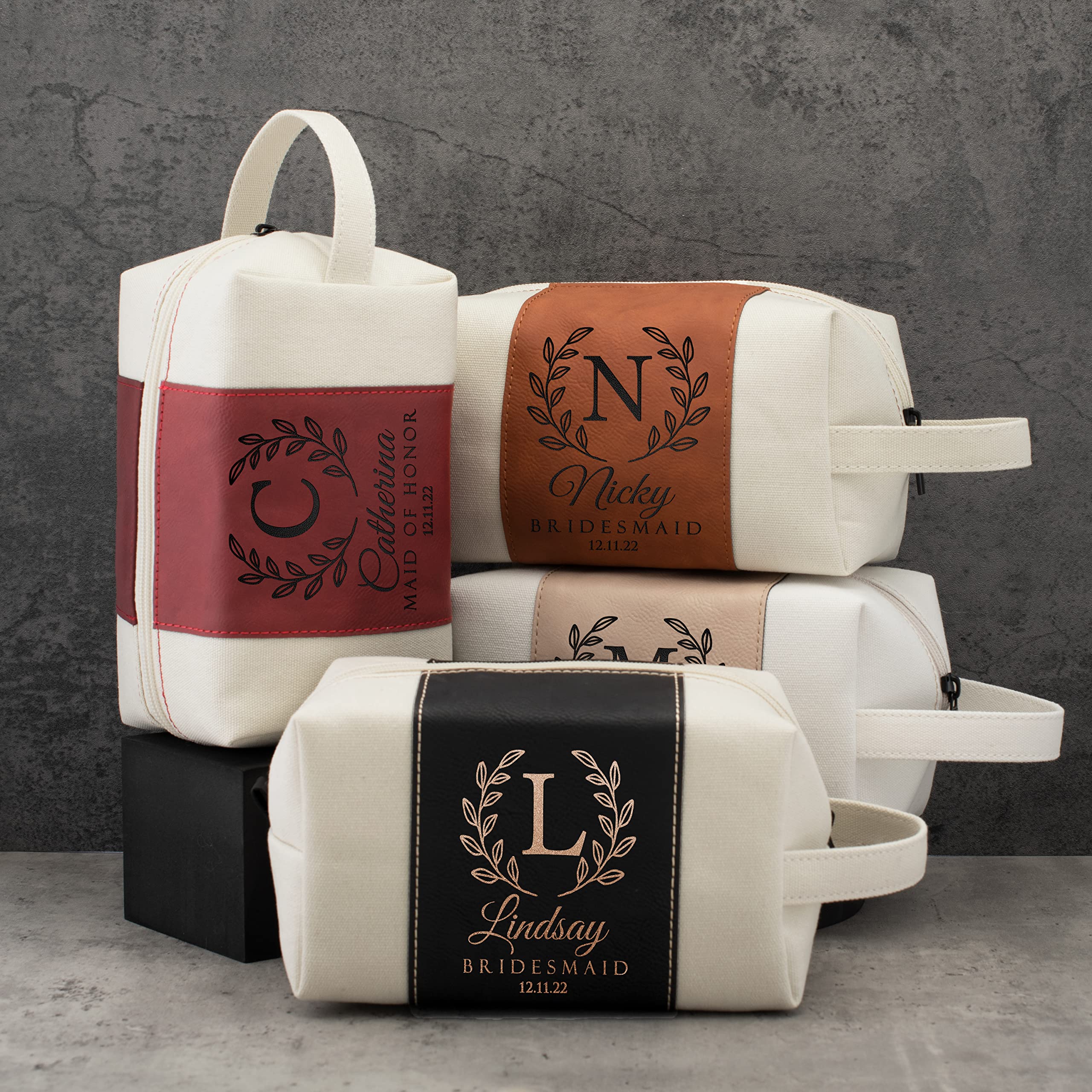 Personalized Bridesmaid Gifts Set of 6 - Custom Toiletry Bags for Women with Name, Title & Date - 3 Designs & 4 Colors - Perfect for Bridesmaid Proposals, Bridal Showers & Bachelorette Parties (Burgundy)