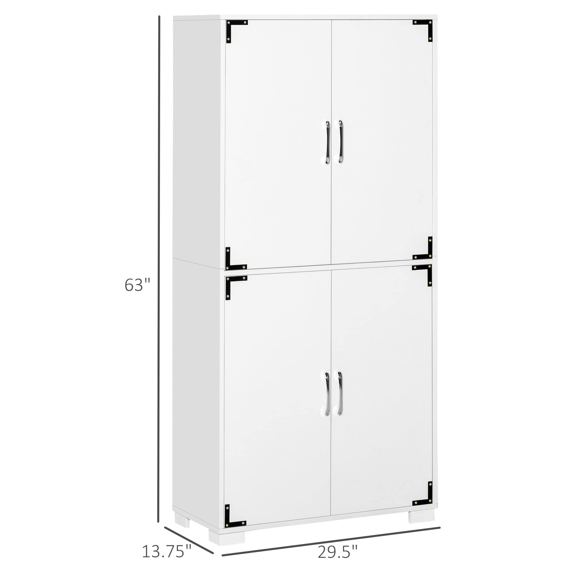 HOMCOM 4-Door Industrial Kitchen Pantry Cabinet with Adjustable Shelves, Freestanding Storage Organizer for Pantry, Laundry Room, Garage - White