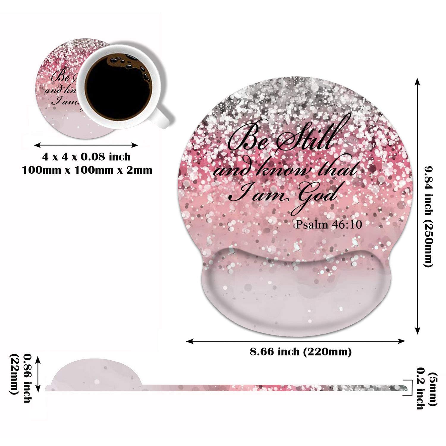 Ergonomic Mouse Pad with Wrist Support & Coasters Set - Non-Slip PU Base Gaming Mouse Mat with Lycra Cloth for Computer, Laptop, Home & Office - Pink Glitter Design with Bible Verse Psalm 46:10 - Perfect for Work, Gaming & Daily Computer Use