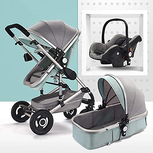 3 in 1 Baby Stroller with High View & Anti-Shock System, 2-Way Convertible Travel Stroller with Removable Bassinet for Newborns & Infants (Silver Tube-Green) - Perfect for Shopping, Park Walks & Family Outings