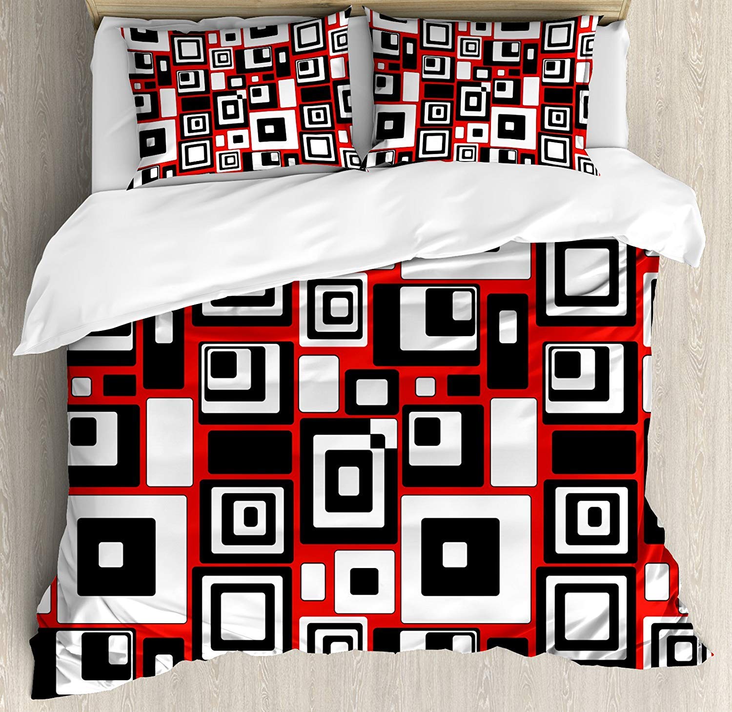 3 Piece King Size Bedding Set - Minimalist Geometric Abstract Duvet Cover with 2 Pillow Shams, Retro Rectangle Design for Modern Bedroom Decor | Perfect for Master Bedroom, Guest Room & Dorm