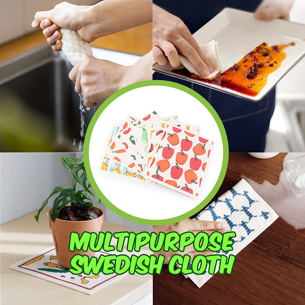 Reusable Swedish Dishcloths - 6 Pack Kitchen Sponge Cloths for Dishes & Cleaning (Vegetable Print) - Eco-Friendly Home Essentials