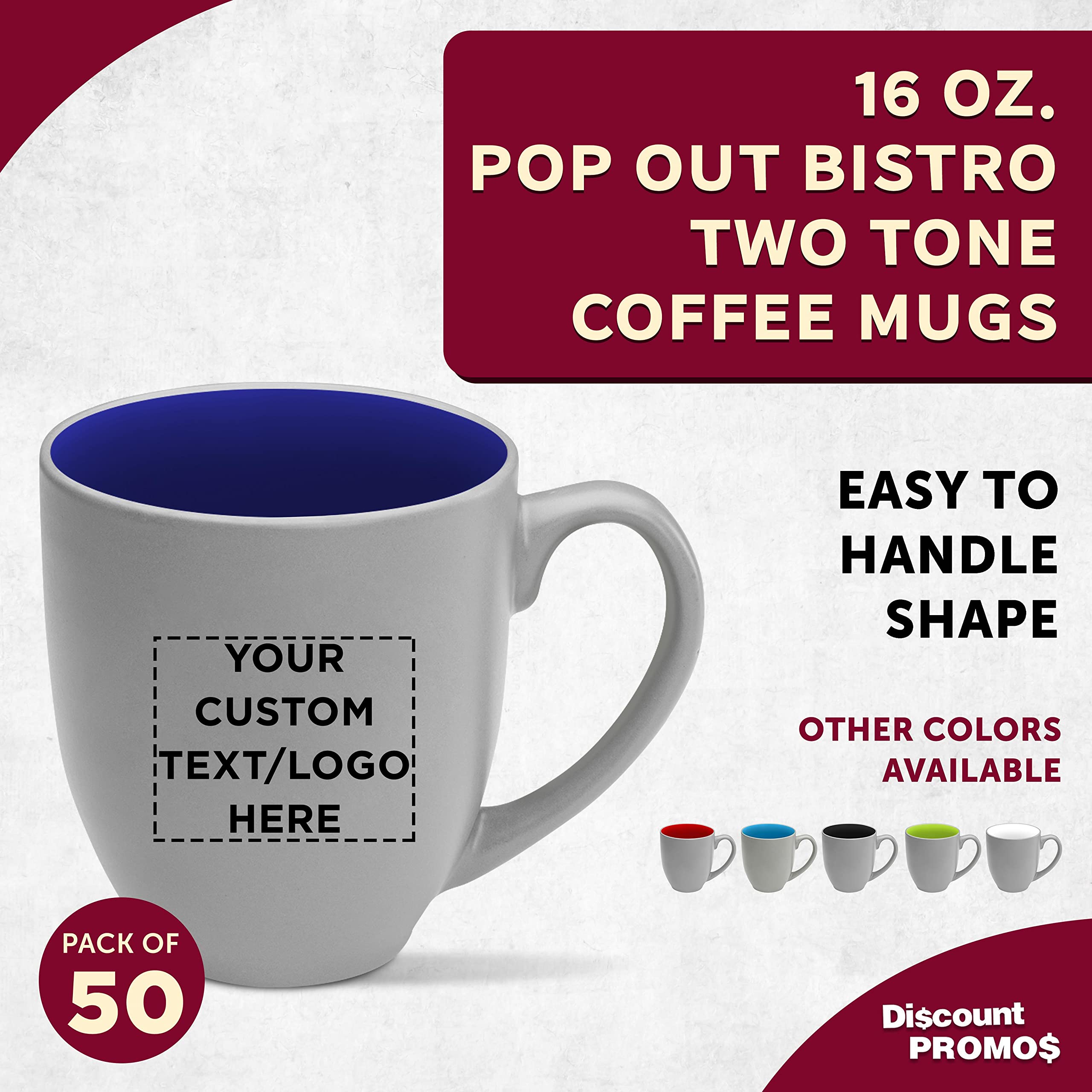 Customized 16oz Two-Tone Coffee Mugs Bulk Set of 50 - Personalized Pop-Out Bistro Mugs for Coffee, Hot Chocolate & Beverages - Blue - Ideal for Cafes, Restaurants, Corporate Gifts & Events