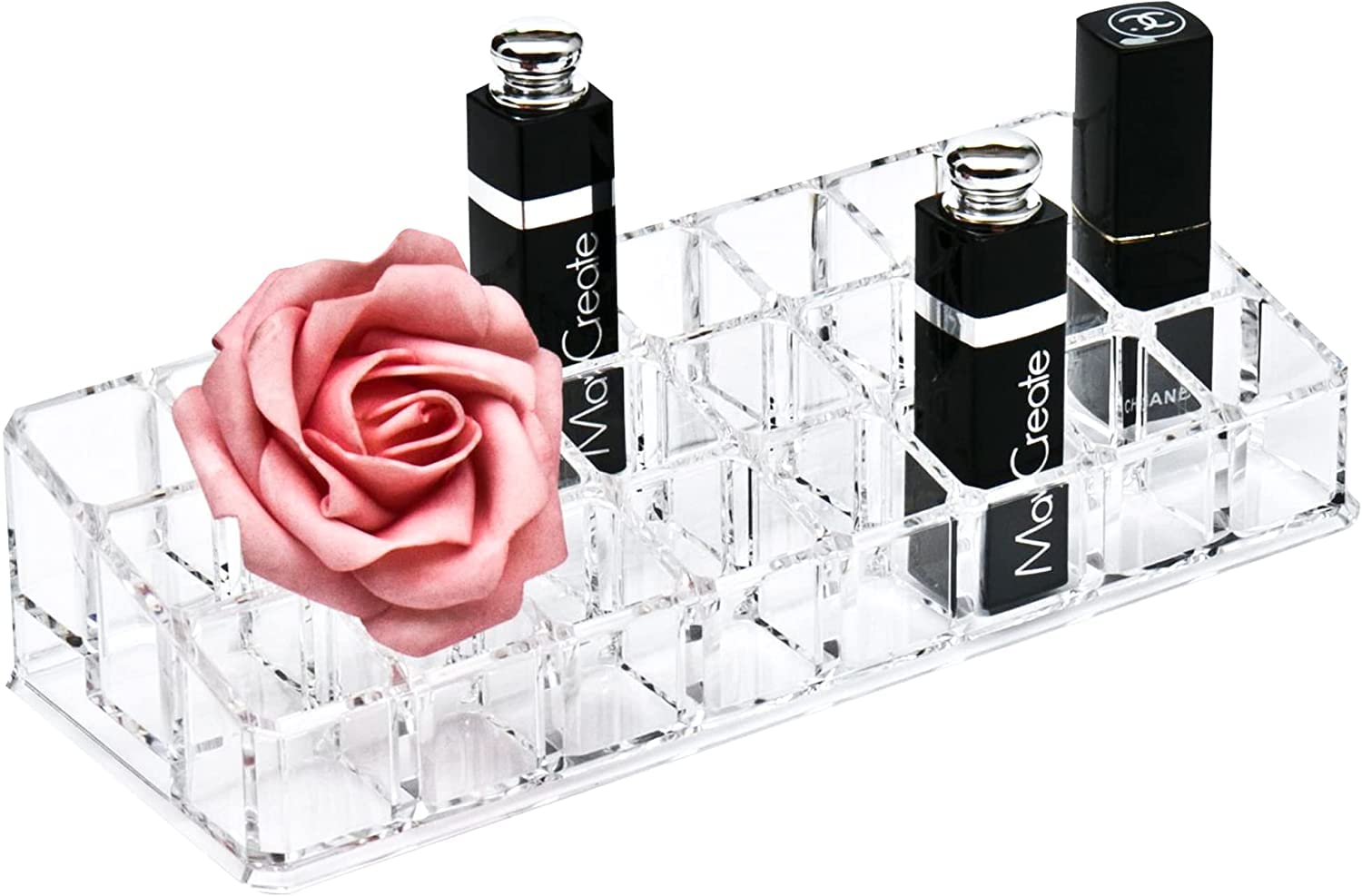XIVUMN Acrylic Lipstick Holder - 24 Compartment Clear Makeup Organizer for Lip Gloss, Balm, Mascara, Brushes & Skincare - Multipurpose Vanity Storage Case | Perfect for Bathroom Counter, Dresser Top & Beauty Salon Display