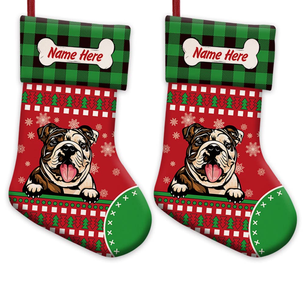 2 Pack Custom Christmas Stockings - Red with English Bulldog, Bone & Buffalo Plaid Snowflake Design (14.4 Inch) - Perfect for Holiday Decor, Fireplace Mantel & Festive Gift Giving