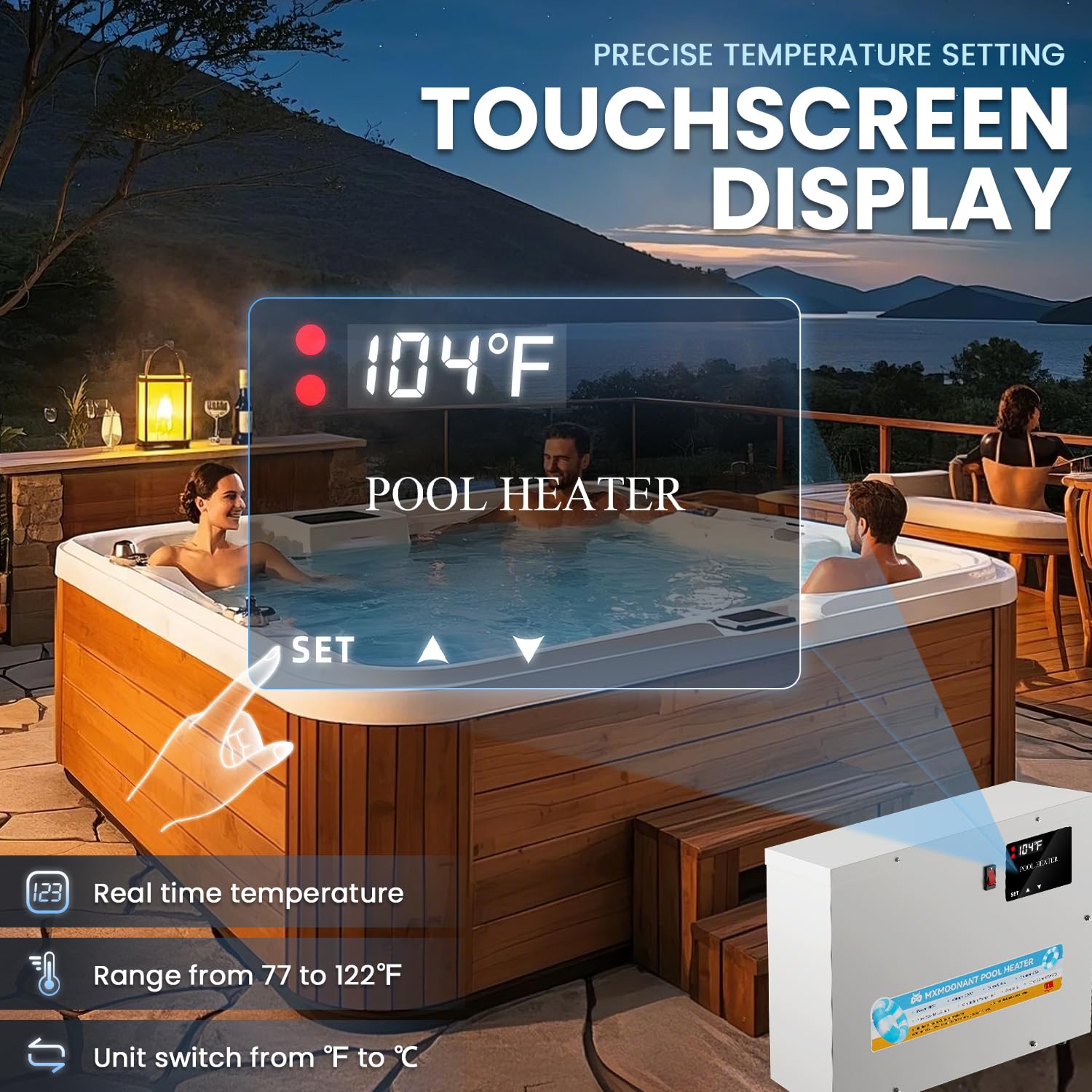 15KW 220V Electric Pool Heater with Touchscreen - Mxmoonant Swimming Pool & Hot Tub Water Thermostat for Above Ground/Inground Pools, Spas, Bathtubs | Fast Heating for Year-Round Comfort