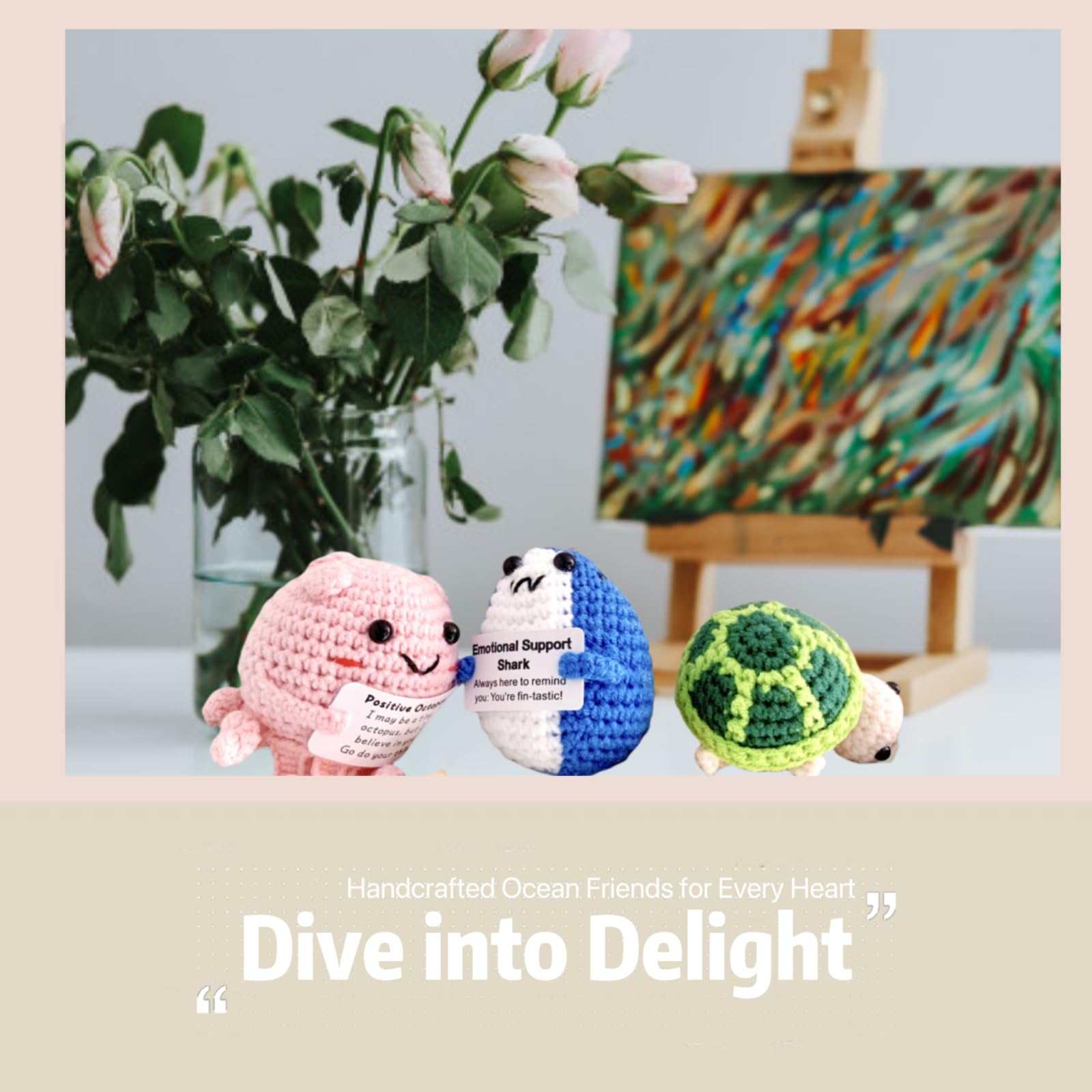 Handmade Crochet Animal Plush Set - Shark, Turtle, Octopus with Pocket Hug Token & Greeting Card | Cute Knitted Dolls for Birthday, Valentine's Day Gifts | Emotional Support Gift for Women, Men, Friends | Perfect for Home Decor, Nursery Room, Stress Relief & Special Occasions