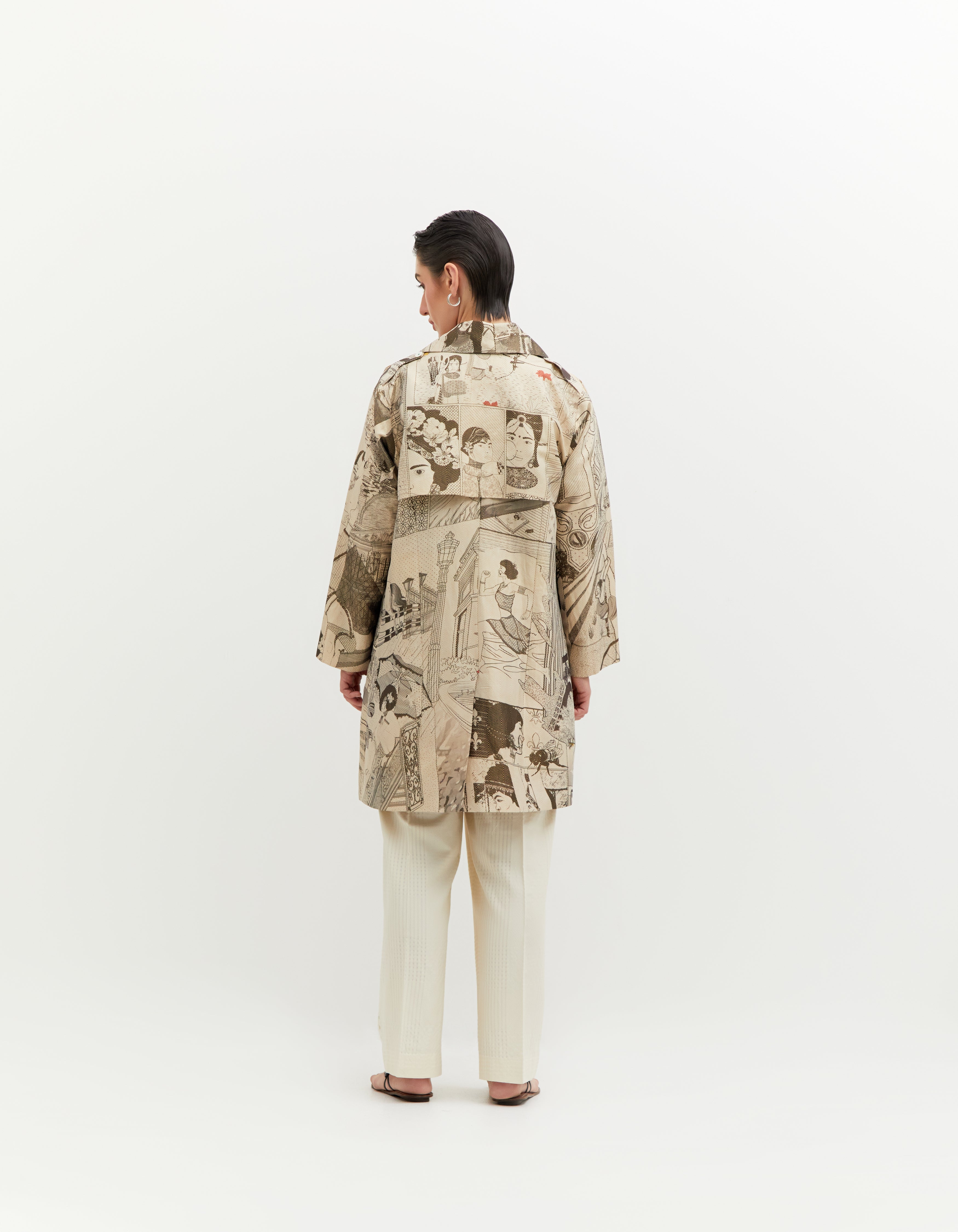 SD Leap Trench Coat - Elegant Silk Brocade in Black & White - Perfect for Business Meetings & Formal Events