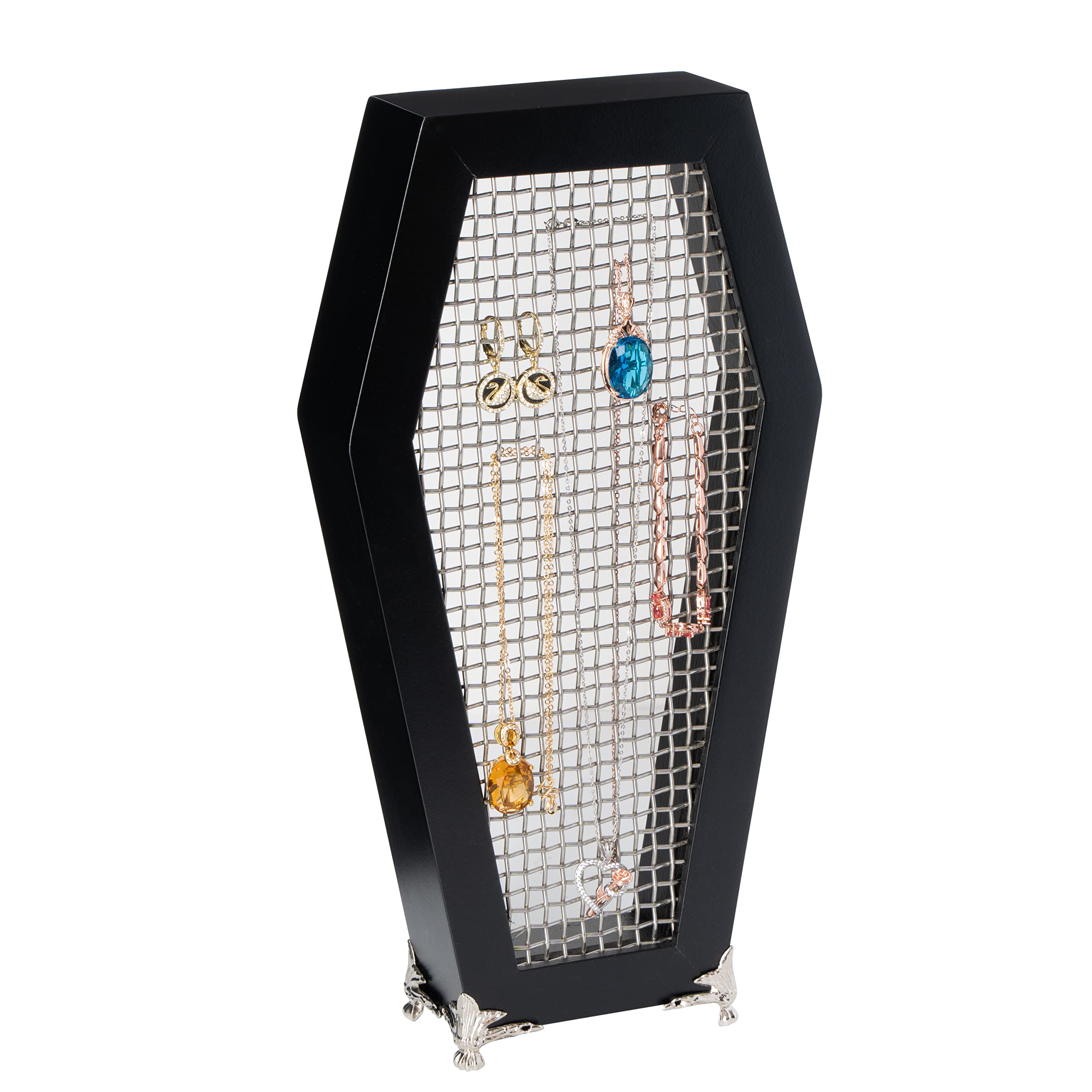 Gothic Coffin Mesh Jewelry Holder - Necklace Earring Bracelet Organizer Display Rack for Chains, Bangles & Accessories | Perfect for Goth Home Decor, Bedroom Vanity & Bathroom Storage | Unique Gothic Gift Idea for Women & Teens