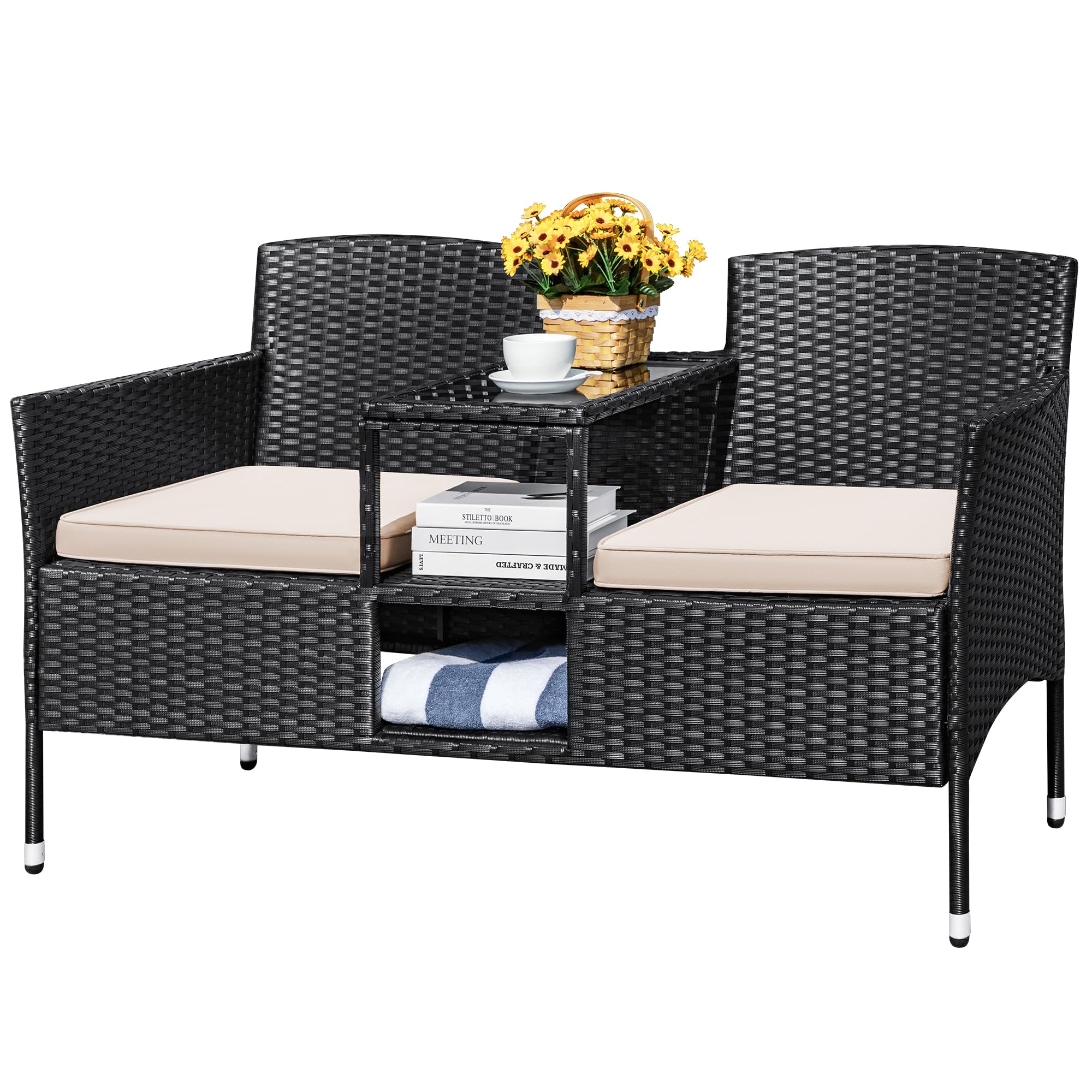 Devoko Modern Rattan 2-Seater Outdoor Patio Loveseat with Cushions & Built-in Coffee Table - Beige Porch Furniture Set for Garden, Lawn, Backyard | Perfect for Relaxing, Entertaining & Outdoor Conversations