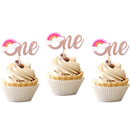 24 Pack Rainbow Glitter Cupcake Toppers - Baby First Birthday Party Decorations, Rose Gold Cake Picks for Baby Shower, Girls Kids 1st Birthday - Perfect for Birthday Cakes, Cupcakes, and Dessert Table Decor