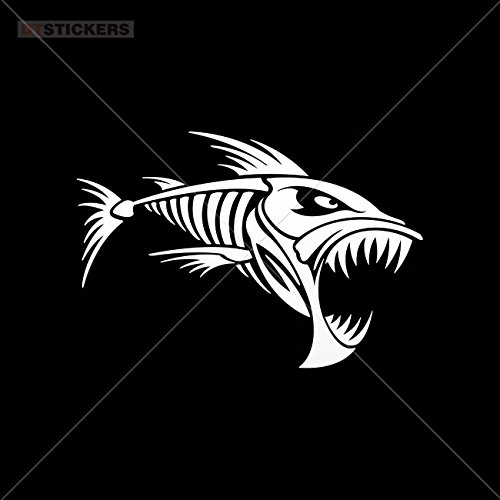 White Vinyl Skeleton Fish Bones Decal Stickers (5 x 3.42 in) - Waterproof Durable for Trucks, Motorcycles, Helmets, Boats & More - Fun DIY Decoration for Vehicles, Windows & Laptops