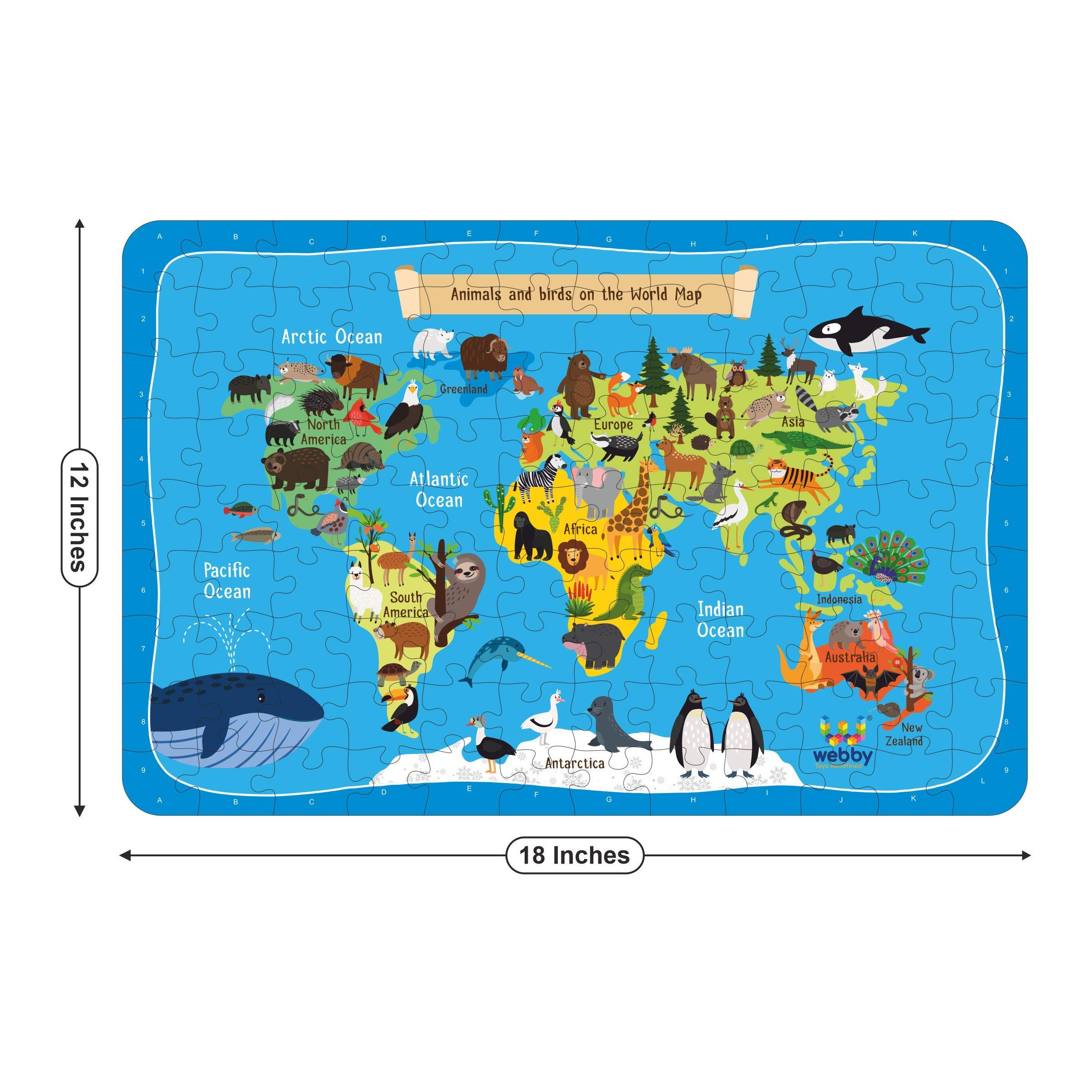 Webby World Map with Animals Jigsaw Puzzle - 108 Piece Educational Puzzle for Kids - Perfect for Learning Geography & Animal Habitats at Home or Classroom