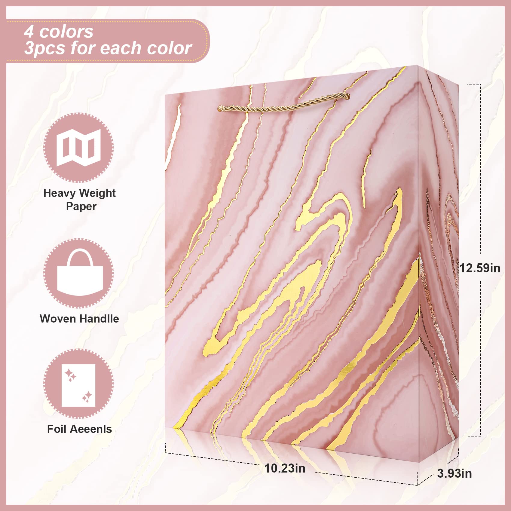 8 Pack Pink Marble Gift Bags 12.6x10.2x3.9 Inch Medium Size Party Favor Bags for Christmas, Valentine's Day, Baby Shower, Birthday, Wedding, Mother's Day - Perfect for Gift Wrapping, Party Decorations & Special Occasions