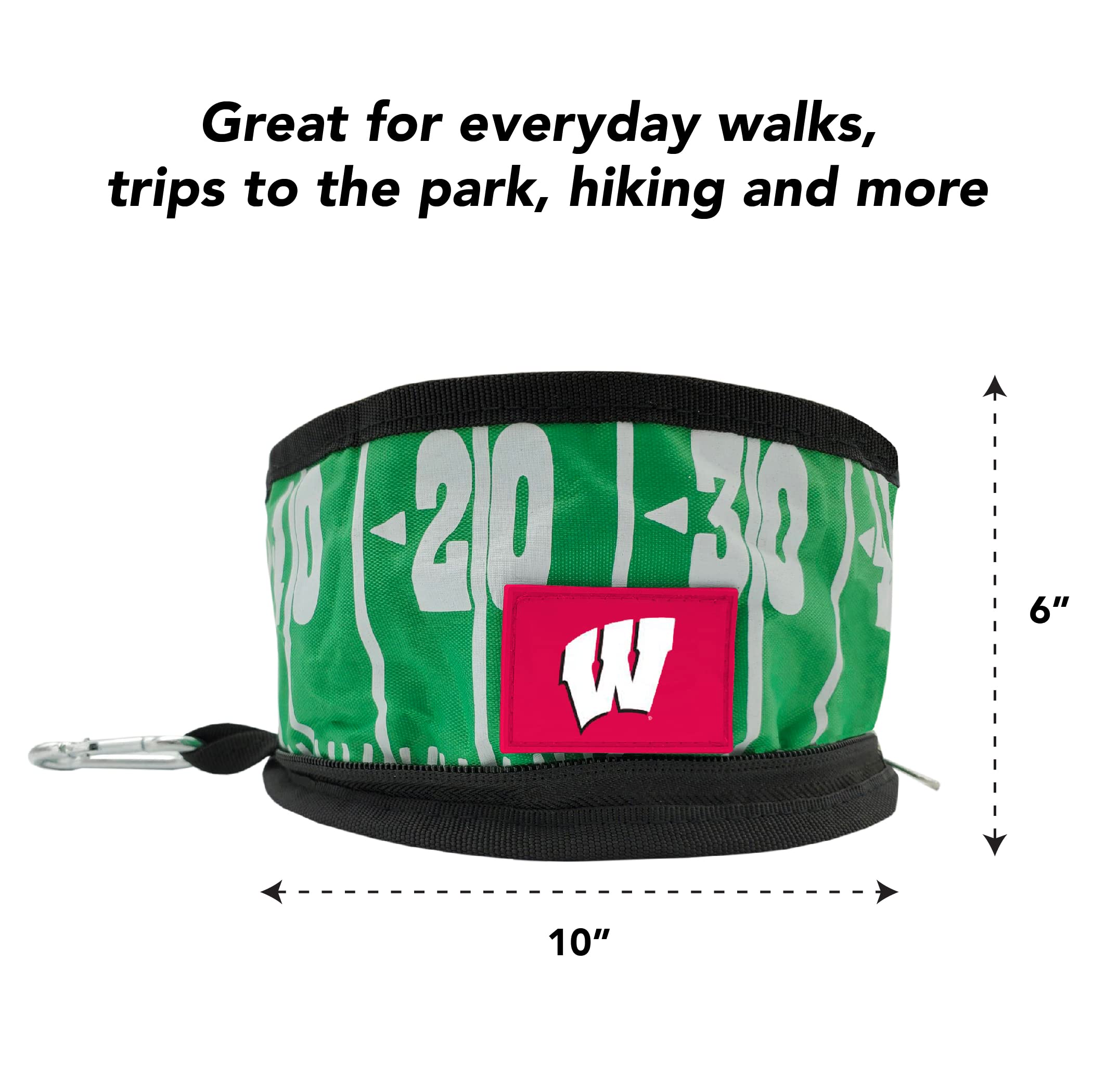 NCAA Wisconsin Badgers Collapsible Dog Travel Bowl - Portable Leak-Proof Pet Food & Water Dish for Dogs & Cats - Lightweight Football Field Design - Perfect for Camping, Hiking & Road Trips
