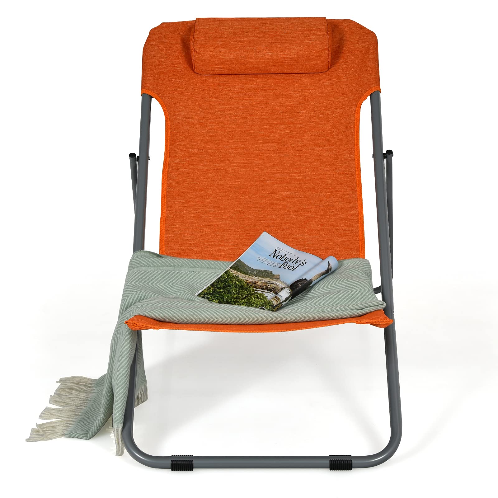 Goplus 2-Pack Beach Sling Chairs for Adults - Portable Folding Camping Chairs with 3-Position Adjustable Backrest & Comfortable Headrest - Heavy Duty Outdoor Lounge Chairs for Beach, Poolside, Backyard, and Camping (Orange)